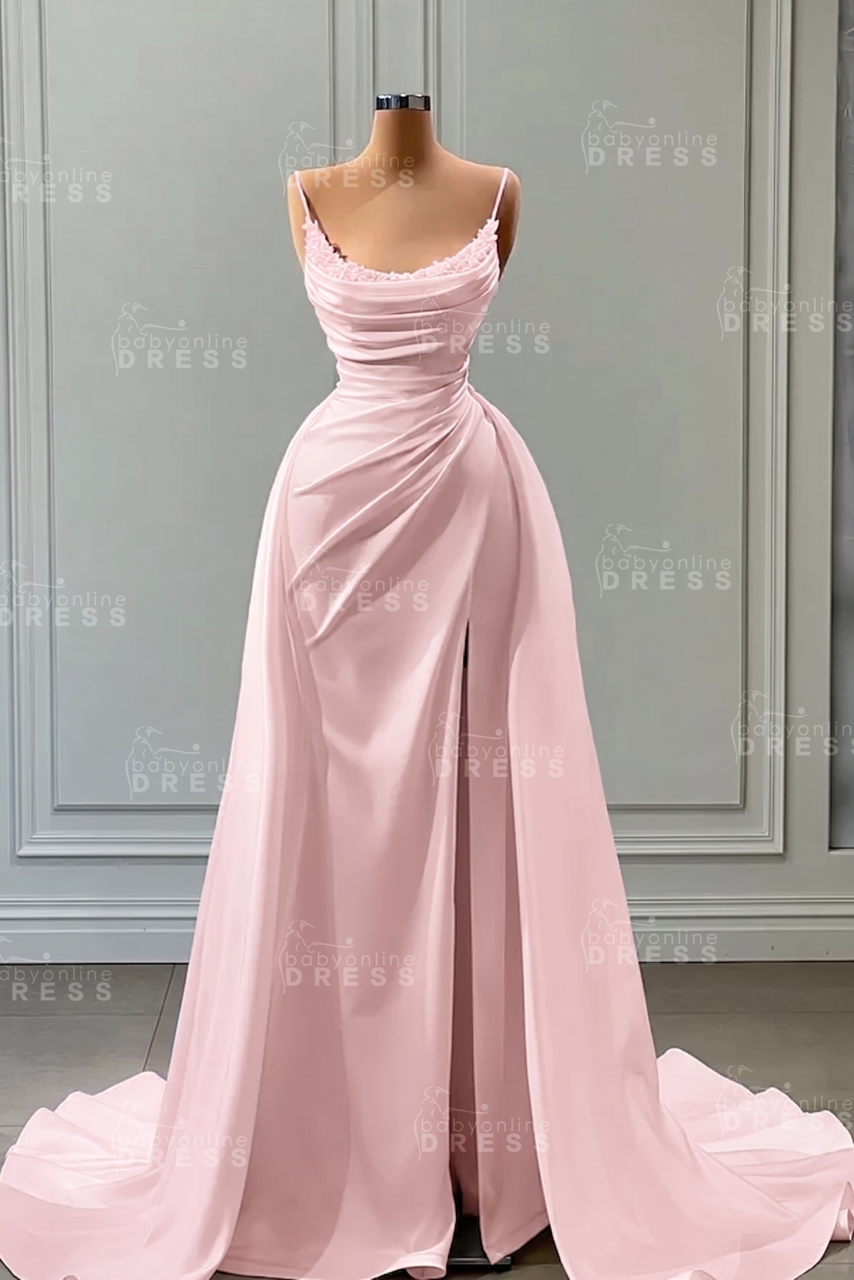 White Spaghetti Straps Satin Mermaid Prom Dress with High Split