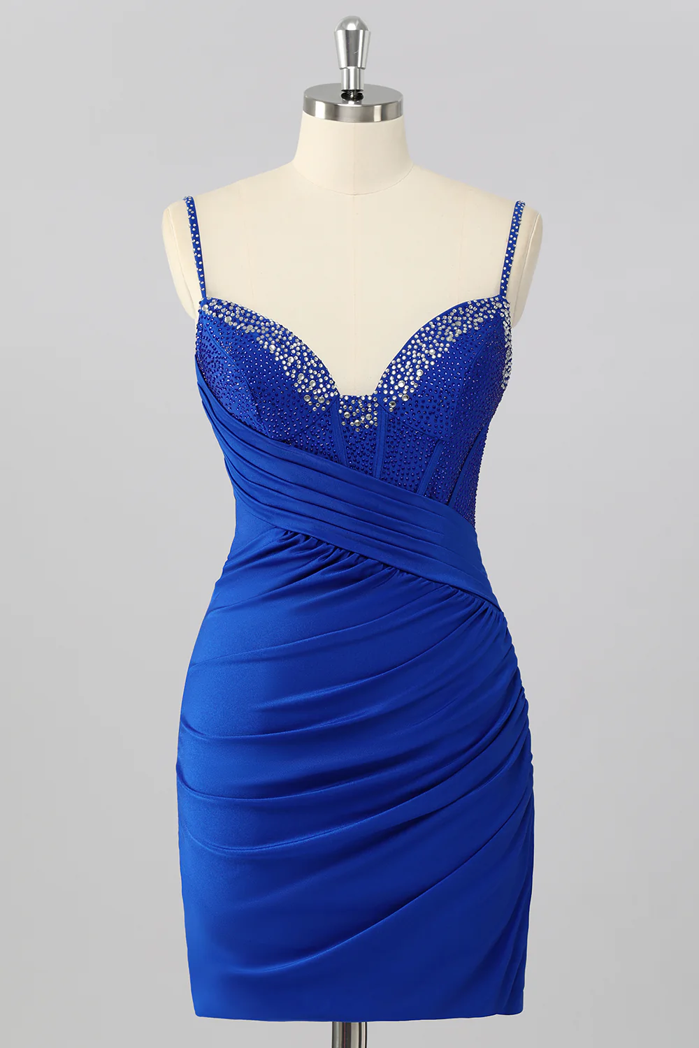 Spaghetti Straps Satin Tight Short Homecoming Dress with Beadings