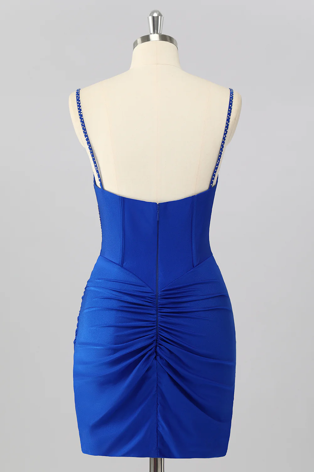 Spaghetti Straps Satin Tight Short Homecoming Dress with Beadings
