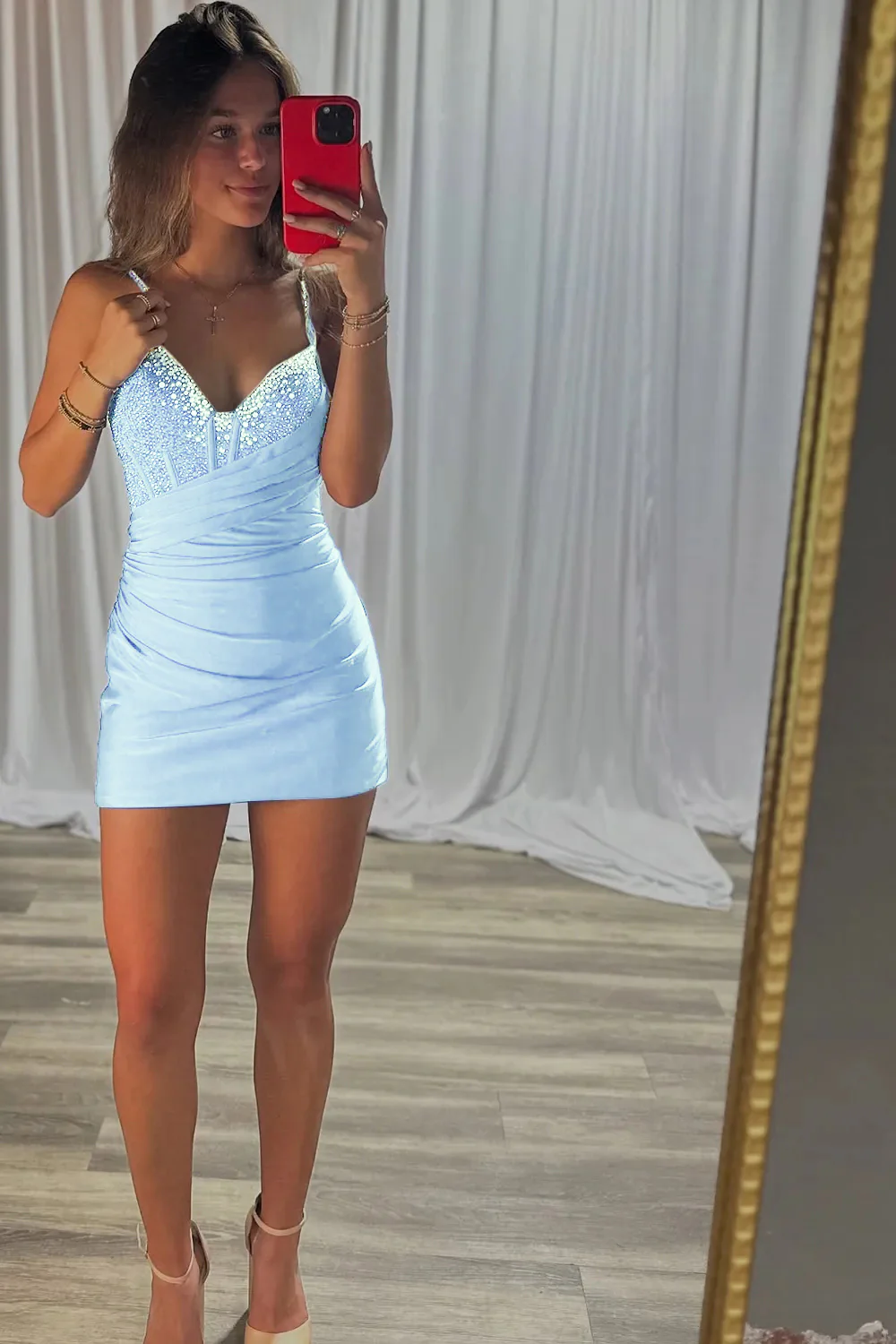 Spaghetti Straps Satin Tight Short Homecoming Dress with Beadings