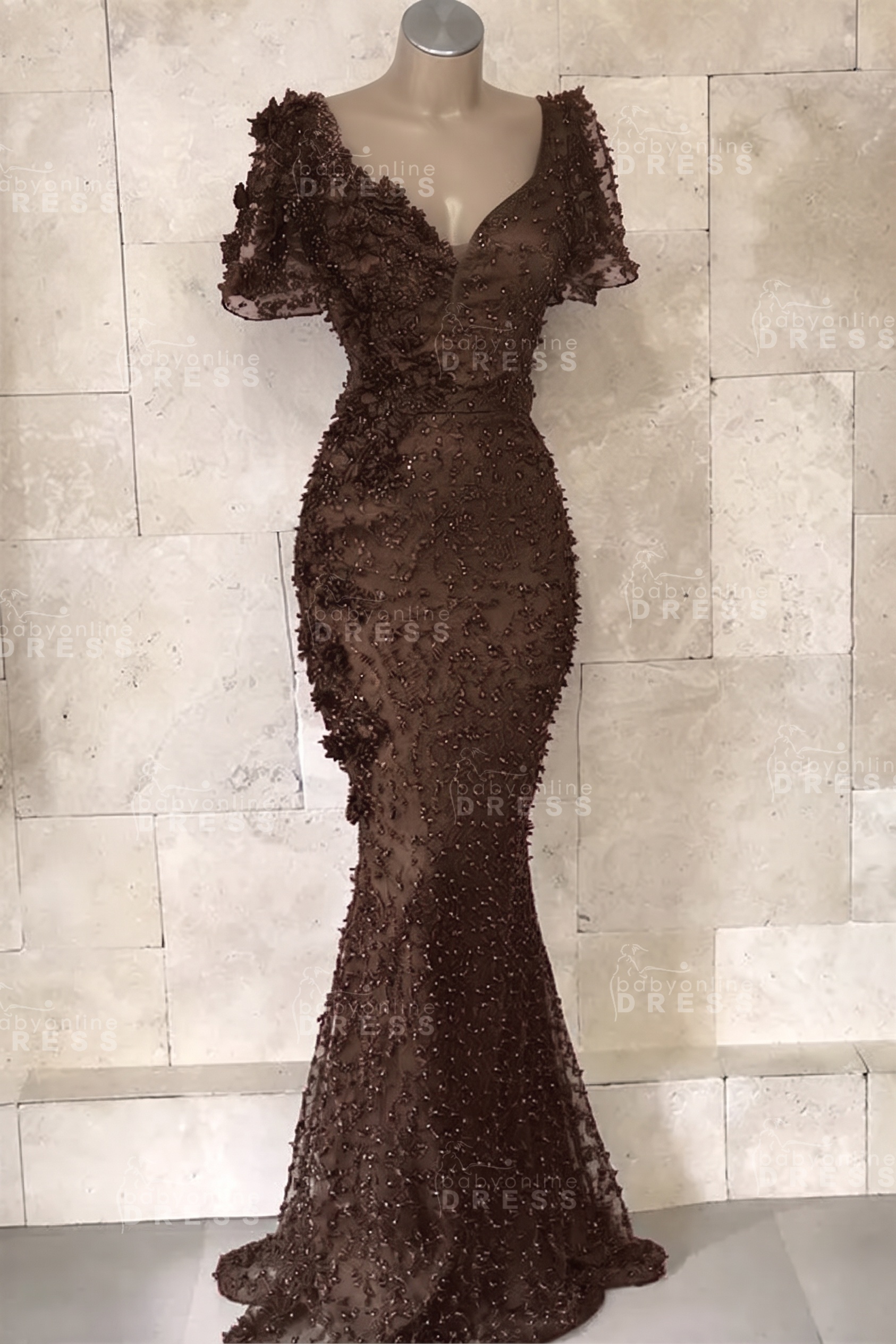 Glamorous V-Neck Short Sleeves Beading Flower Mermaid Floor-Length Prom Dresses