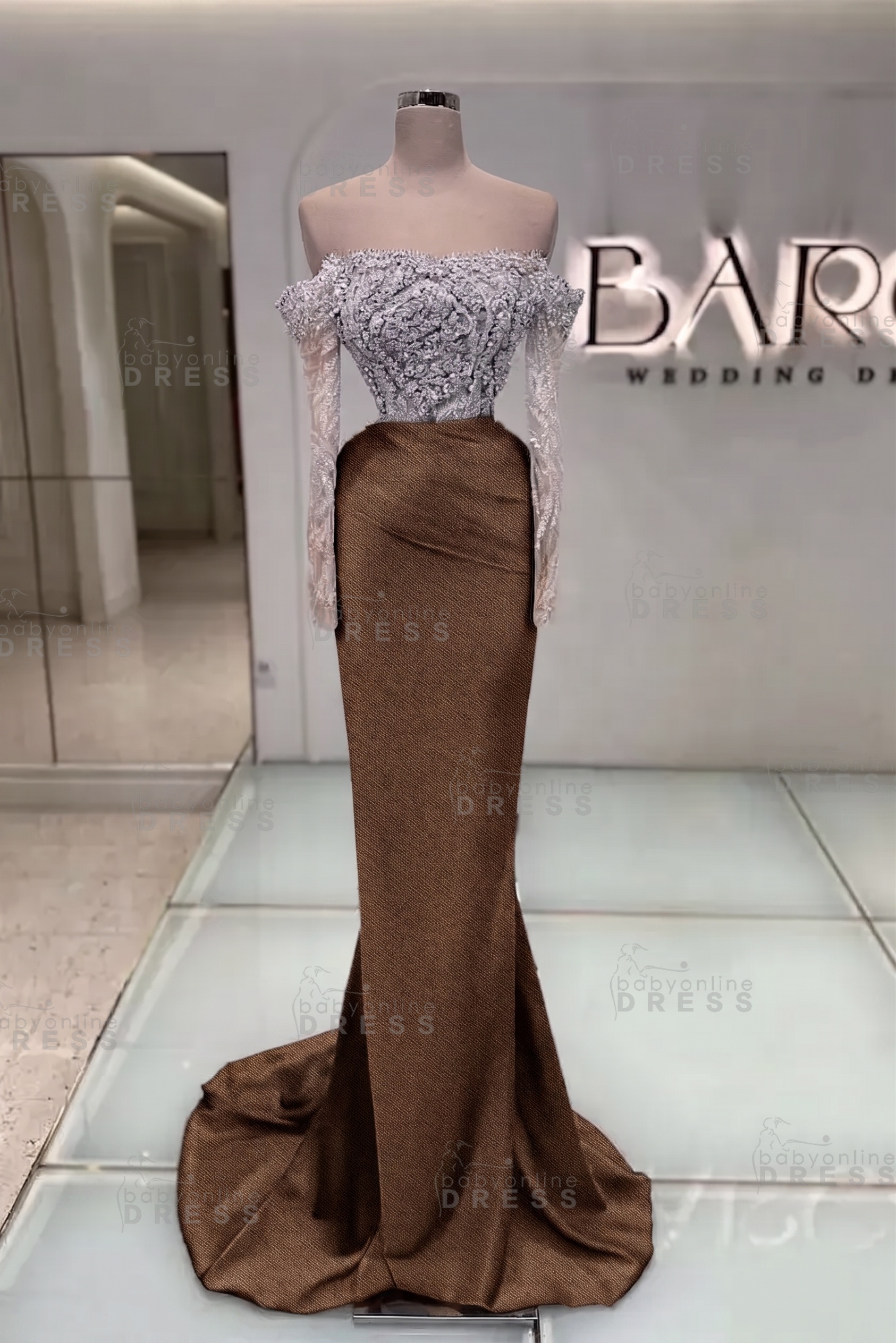 Off-the-Shoulder Ruffles Satin Mermaid Prom Dress Beadings with Sleeves