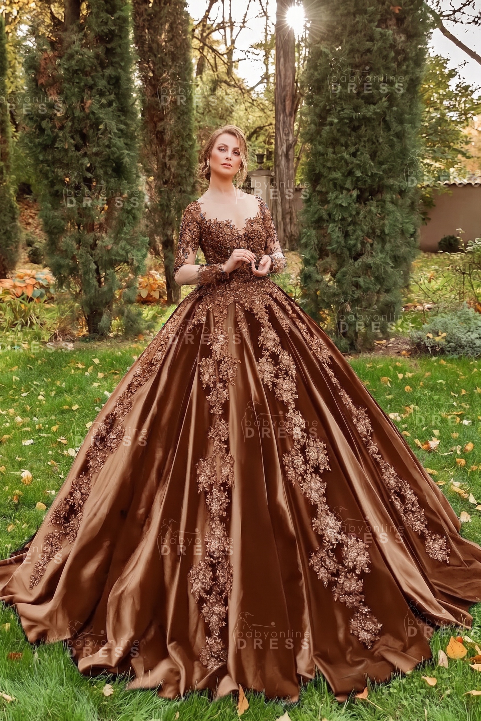 Gorgeous Long Sleeves Velvet Ball Gown with 3D Floral Appliques