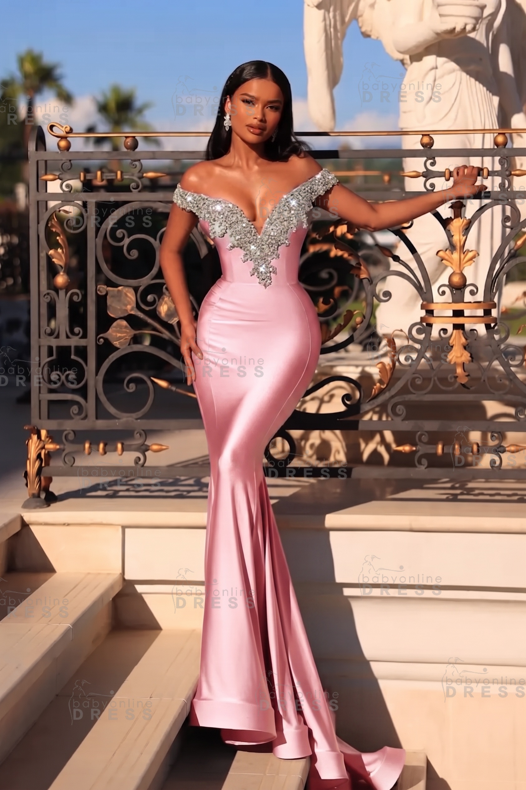 Dusty Blue Off the shoulder Satin Long Prom Dresses