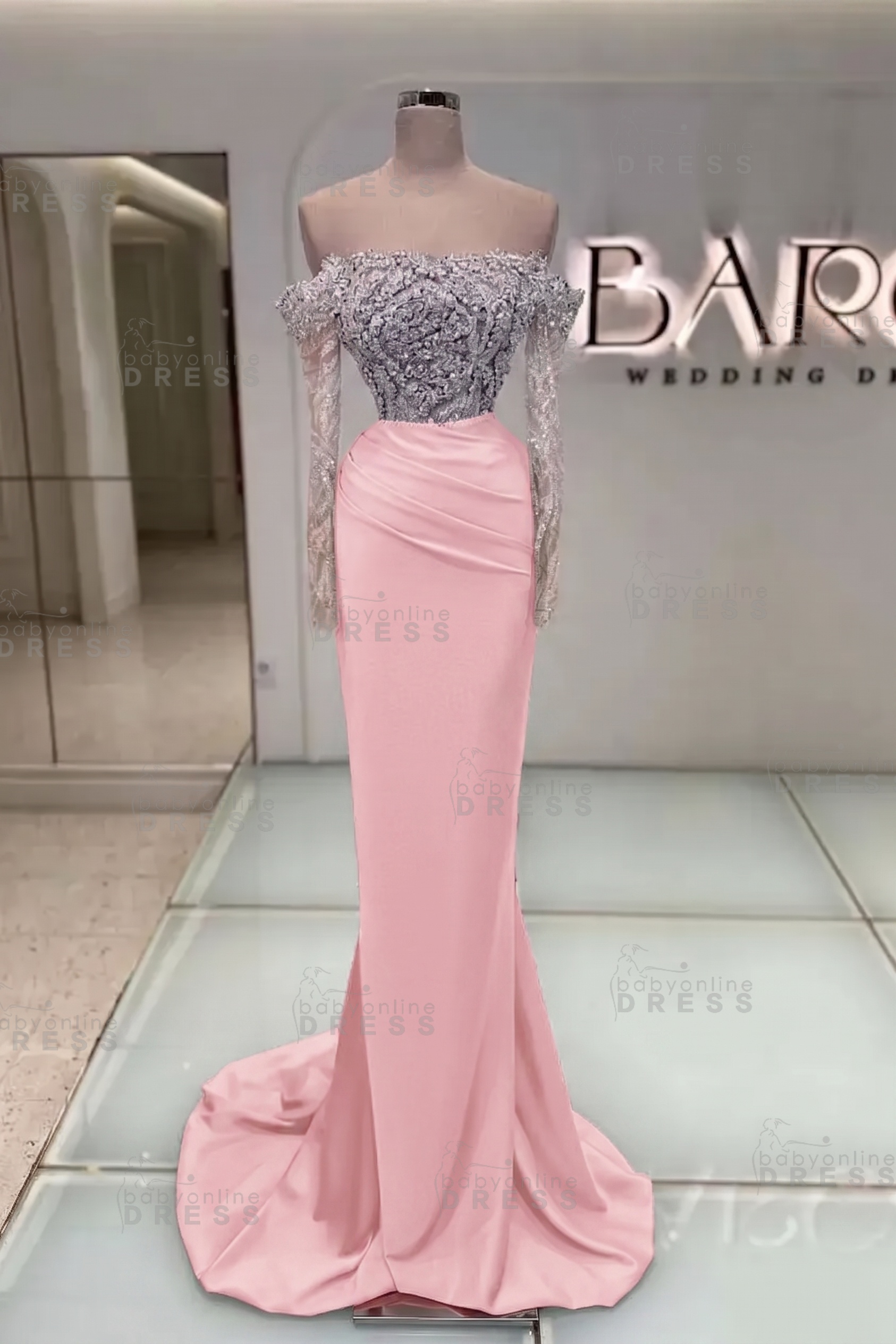 Off-the-Shoulder Ruffles Satin Mermaid Prom Dress Beadings with Sleeves