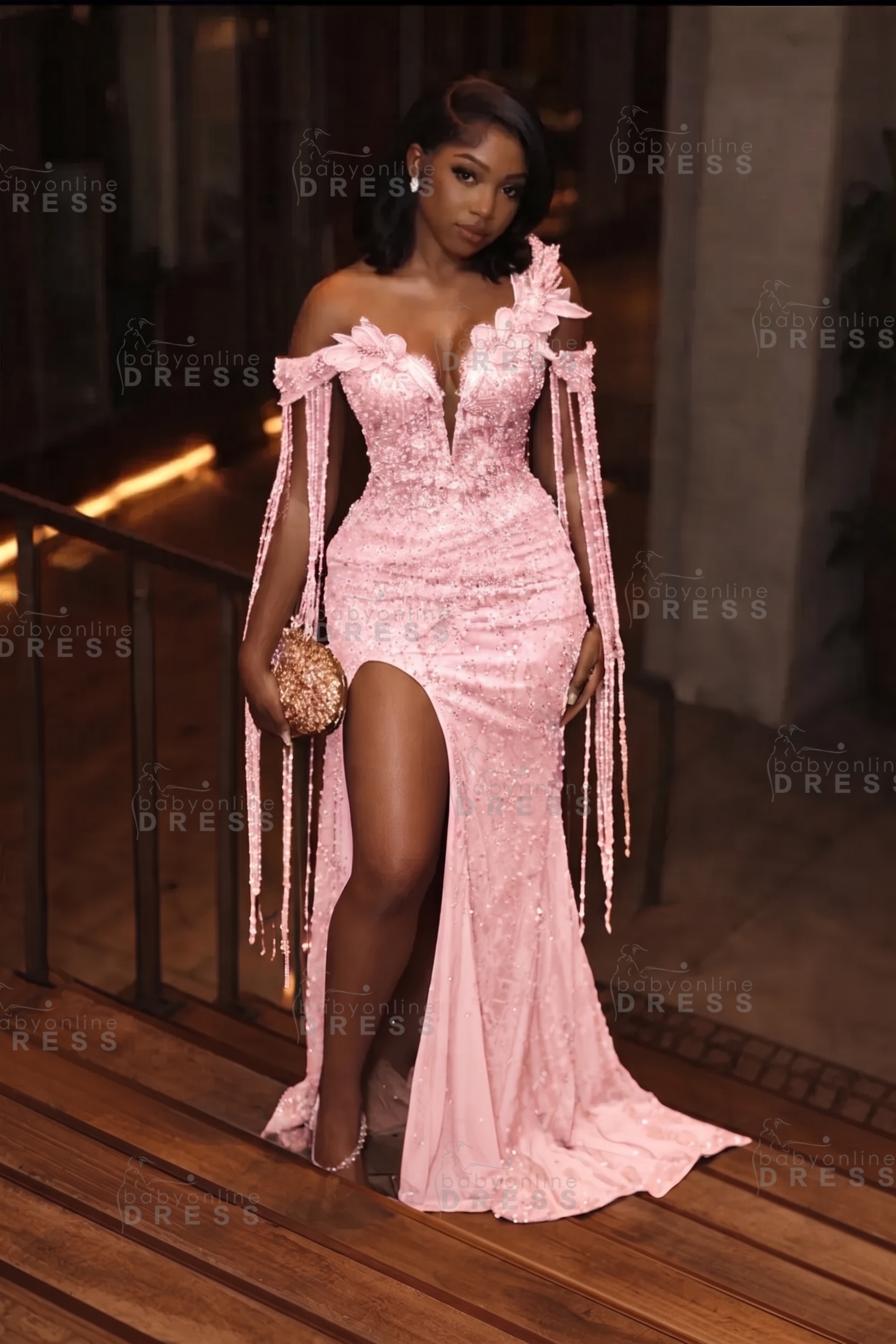 Stunning Asymmetric  Sequins Prom DressMermaid Gold Evening Gown with Tassels