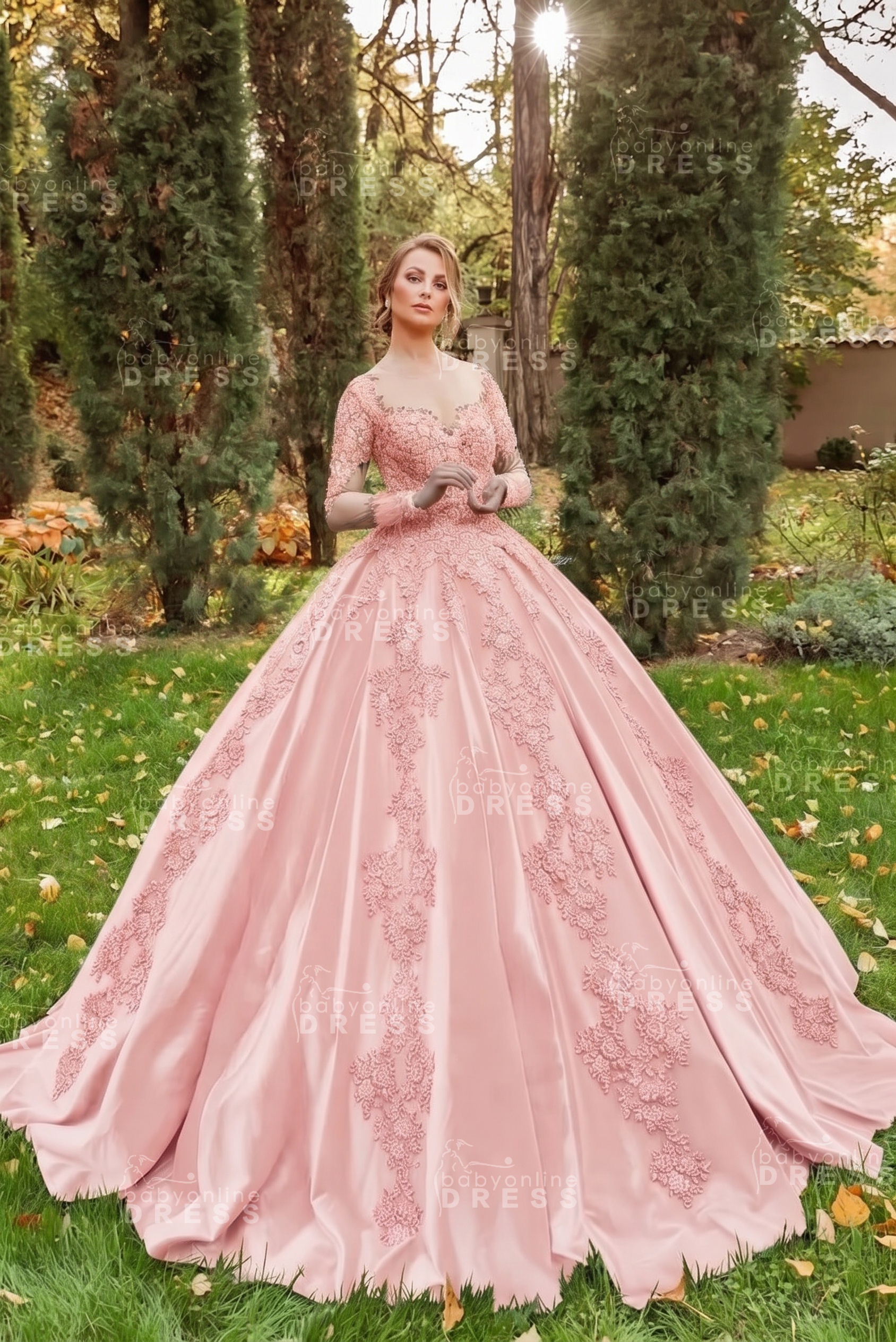 Gorgeous Long Sleeves Velvet Ball Gown with 3D Floral Appliques