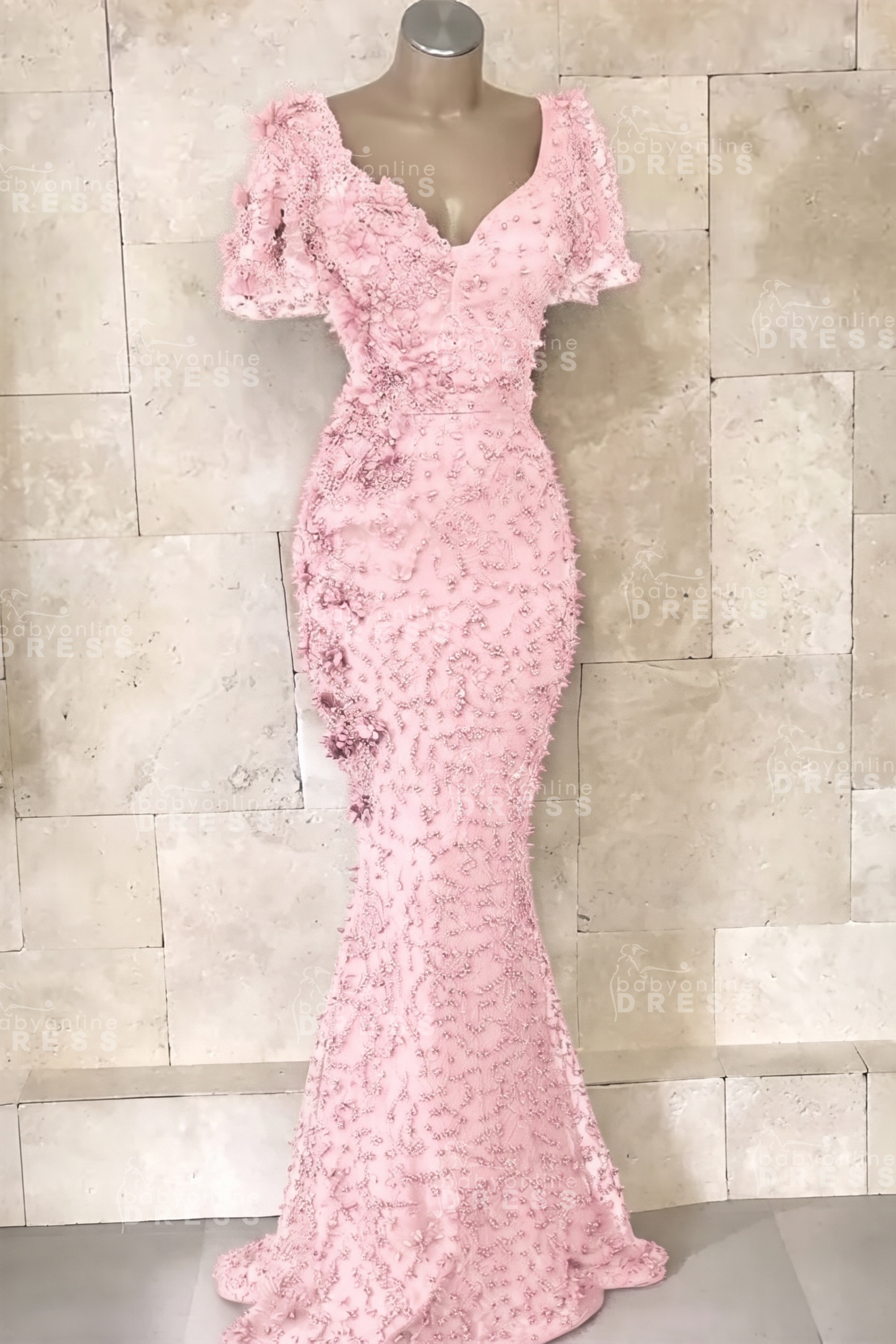 Glamorous V-Neck Short Sleeves Beading Flower Mermaid Floor-Length Prom Dresses
