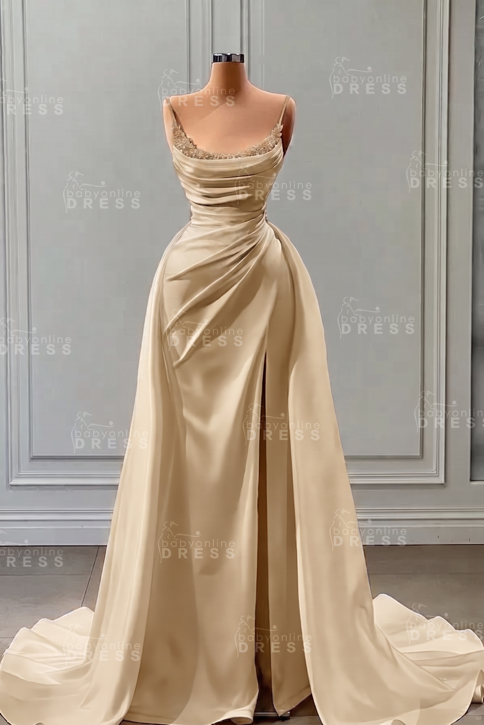 White Spaghetti Straps Satin Mermaid Prom Dress with High Split