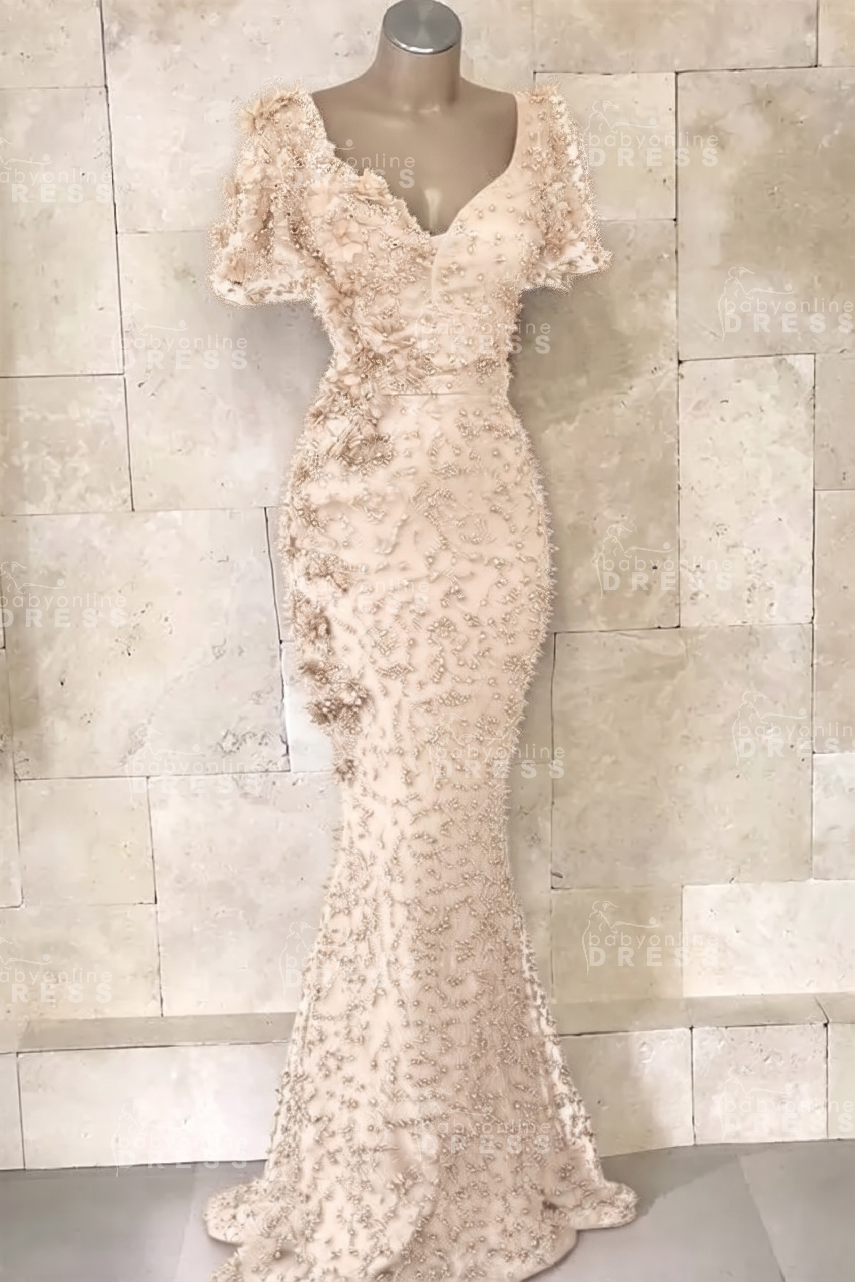 Glamorous V-Neck Short Sleeves Beading Flower Mermaid Floor-Length Prom Dresses
