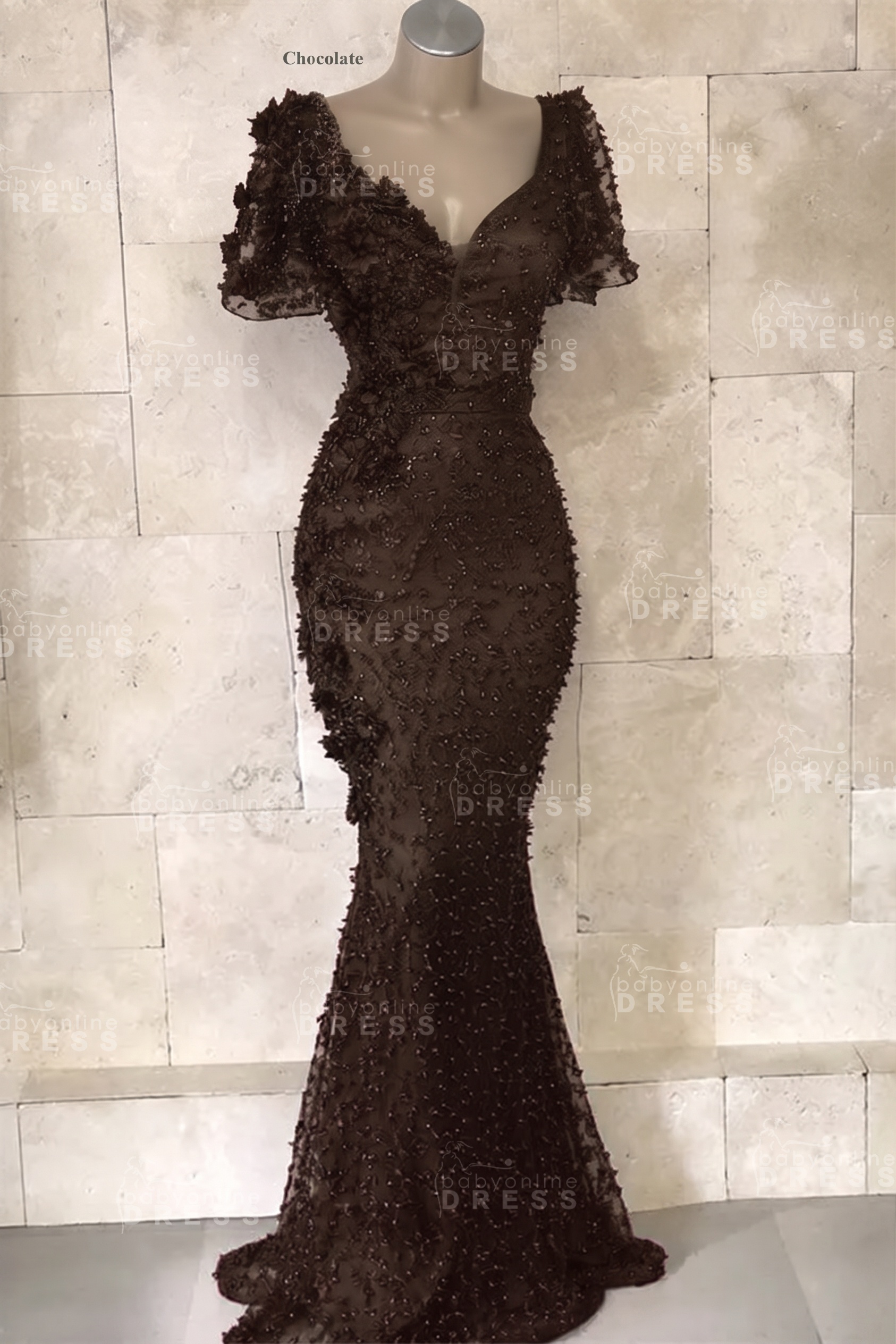 Glamorous V-Neck Short Sleeves Beading Flower Mermaid Floor-Length Prom Dresses