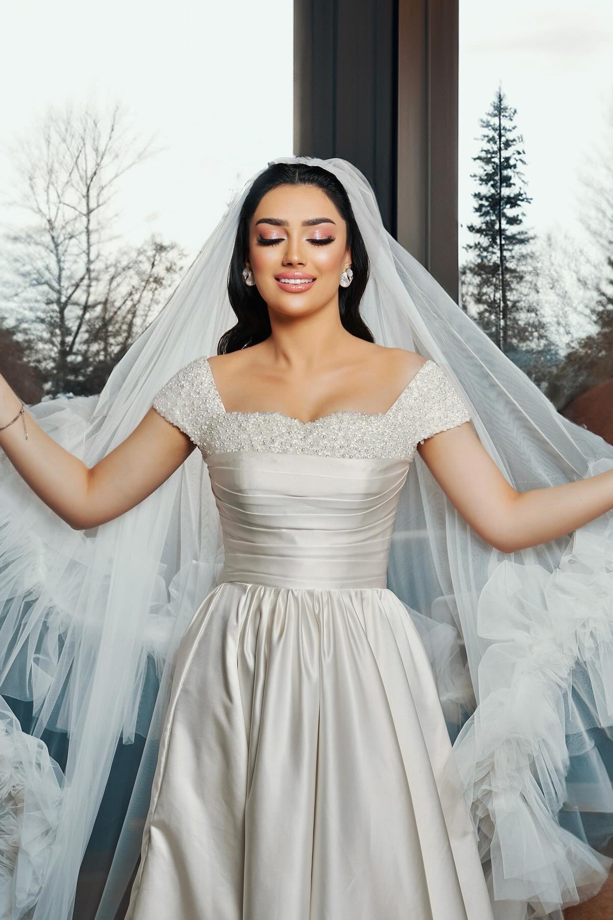 Classy Off the Shoulder Satin Ruched Pearl A-Line Wedding Dresses