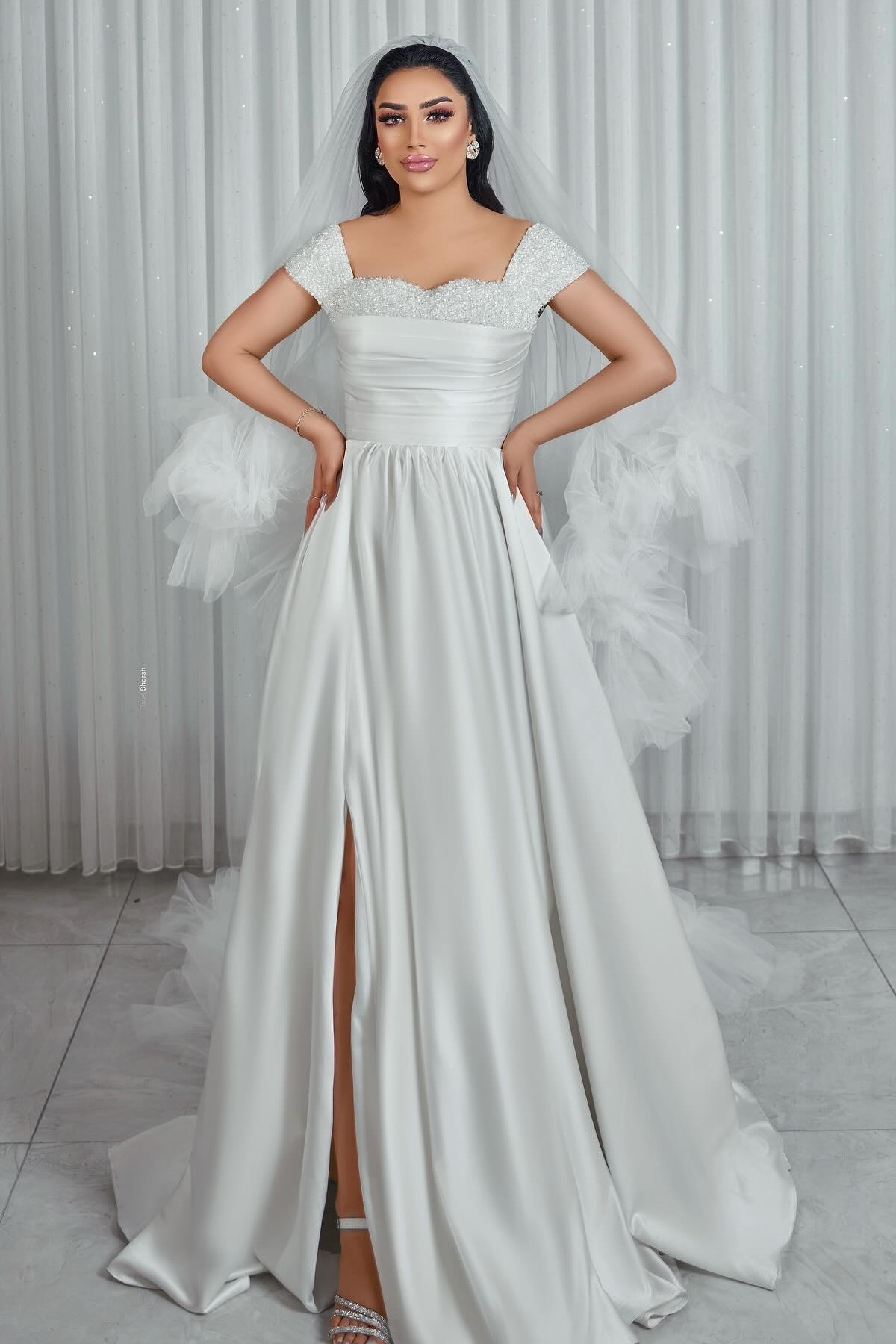 Classy Off the Shoulder Satin Ruched Pearl A-Line Wedding Dresses