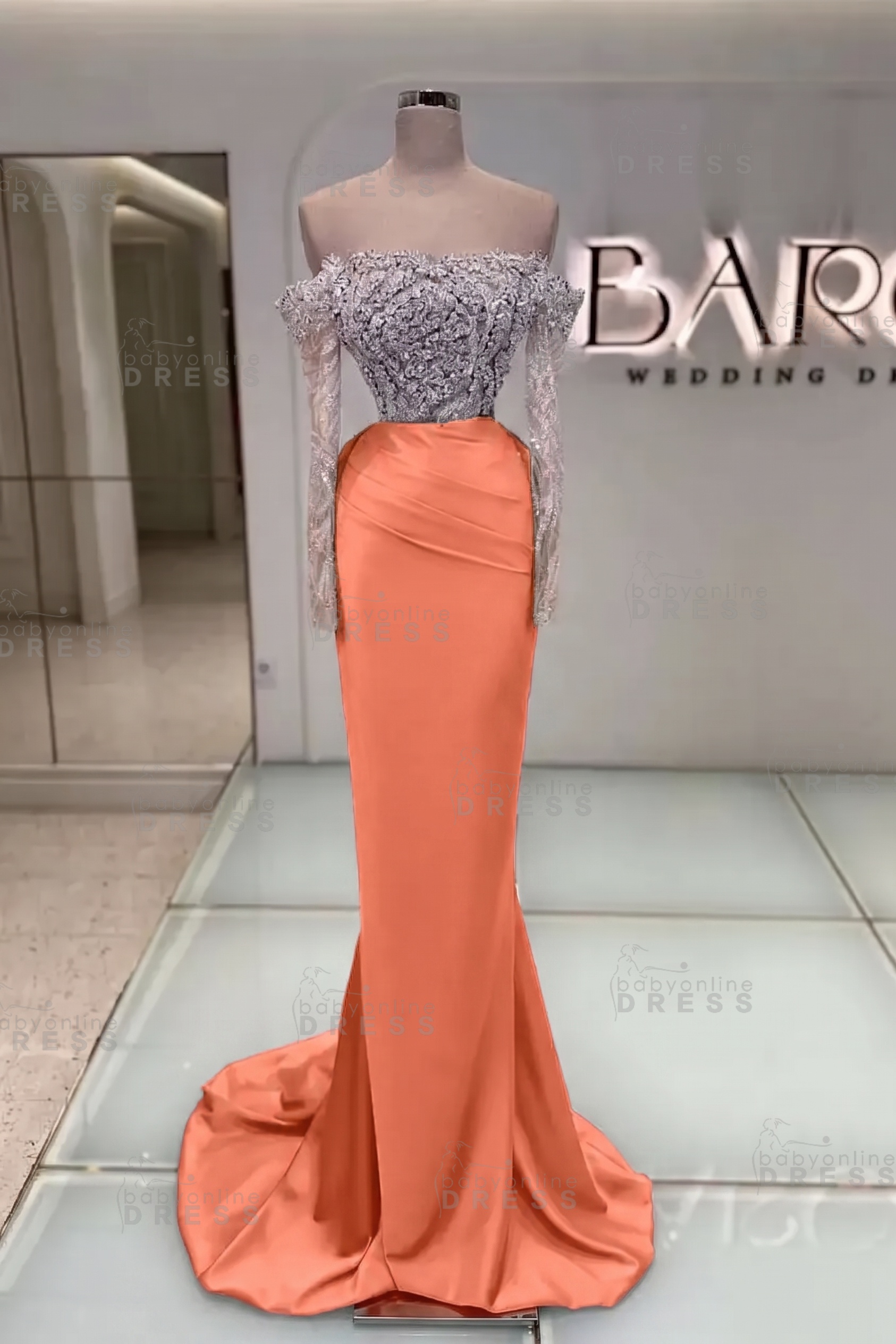 Off-the-Shoulder Ruffles Satin Mermaid Prom Dress Beadings with Sleeves