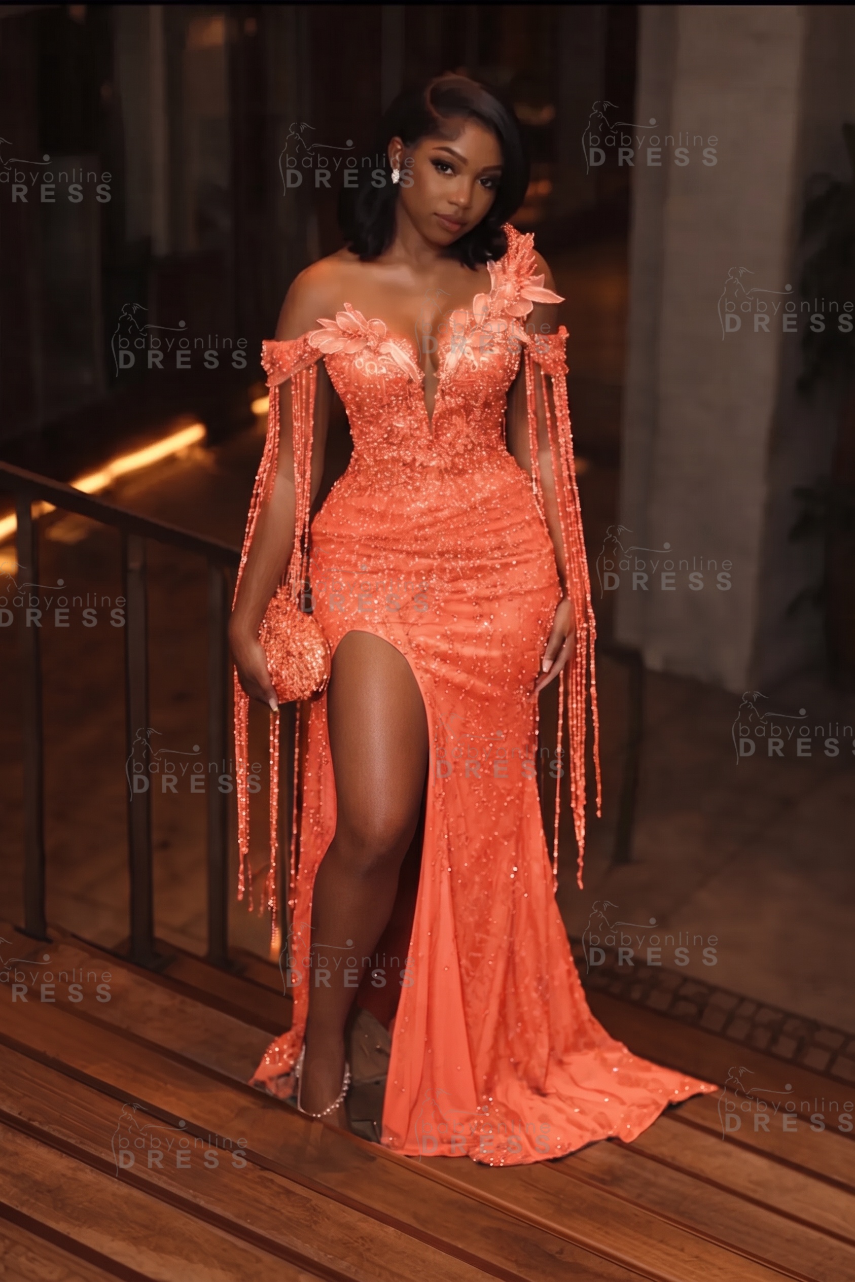 Stunning Asymmetric  Sequins Prom DressMermaid Gold Evening Gown with Tassels