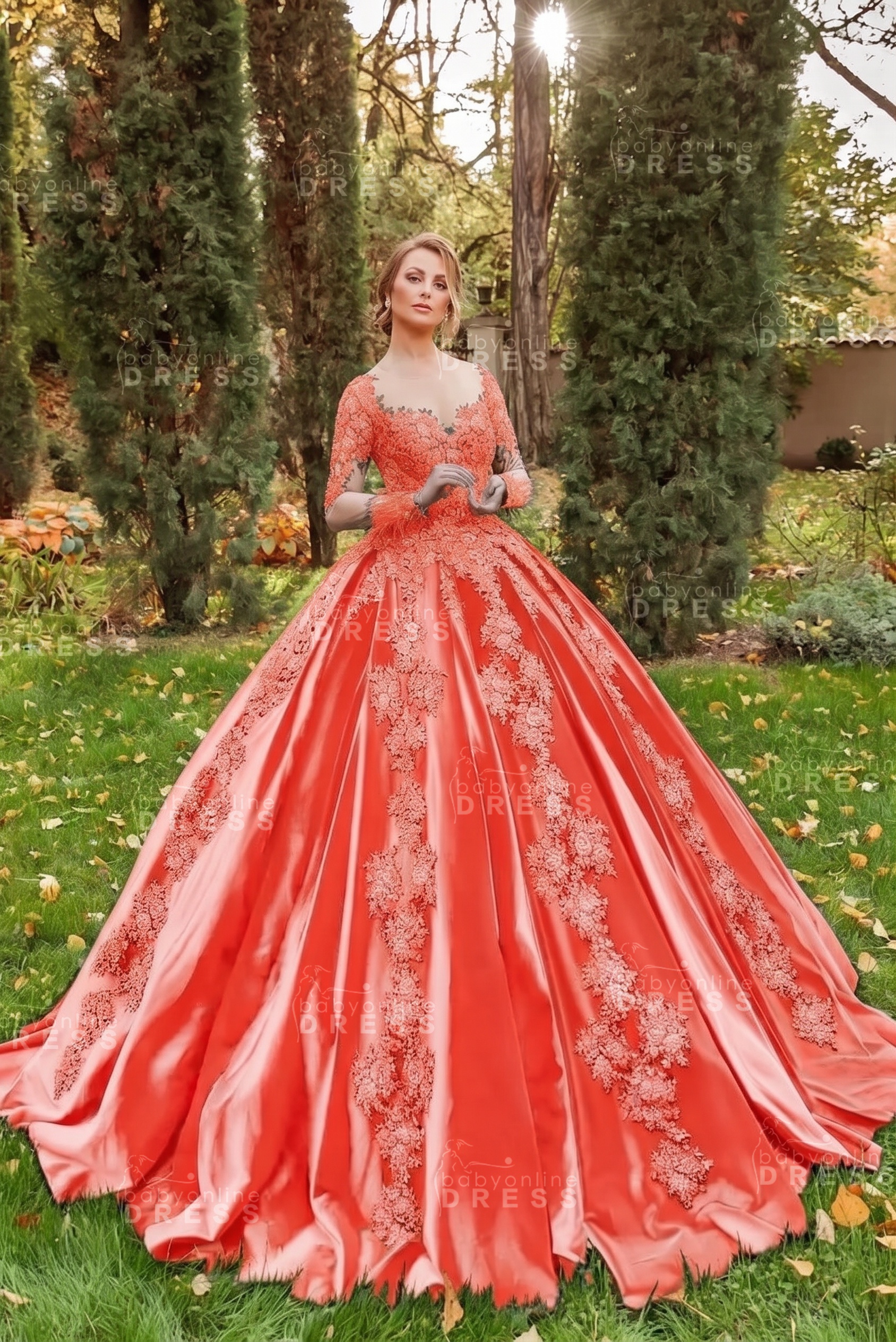 Gorgeous Long Sleeves Velvet Ball Gown with 3D Floral Appliques