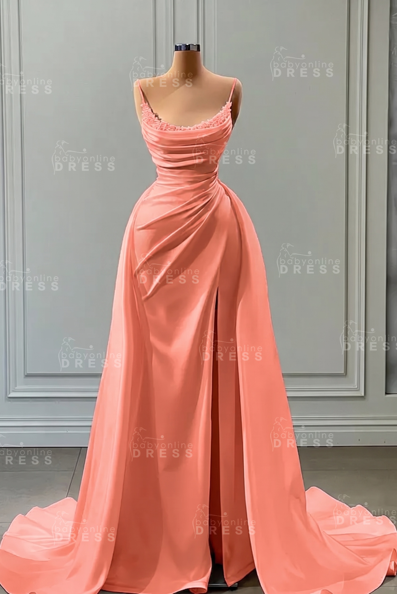 White Spaghetti Straps Satin Mermaid Prom Dress with High Split