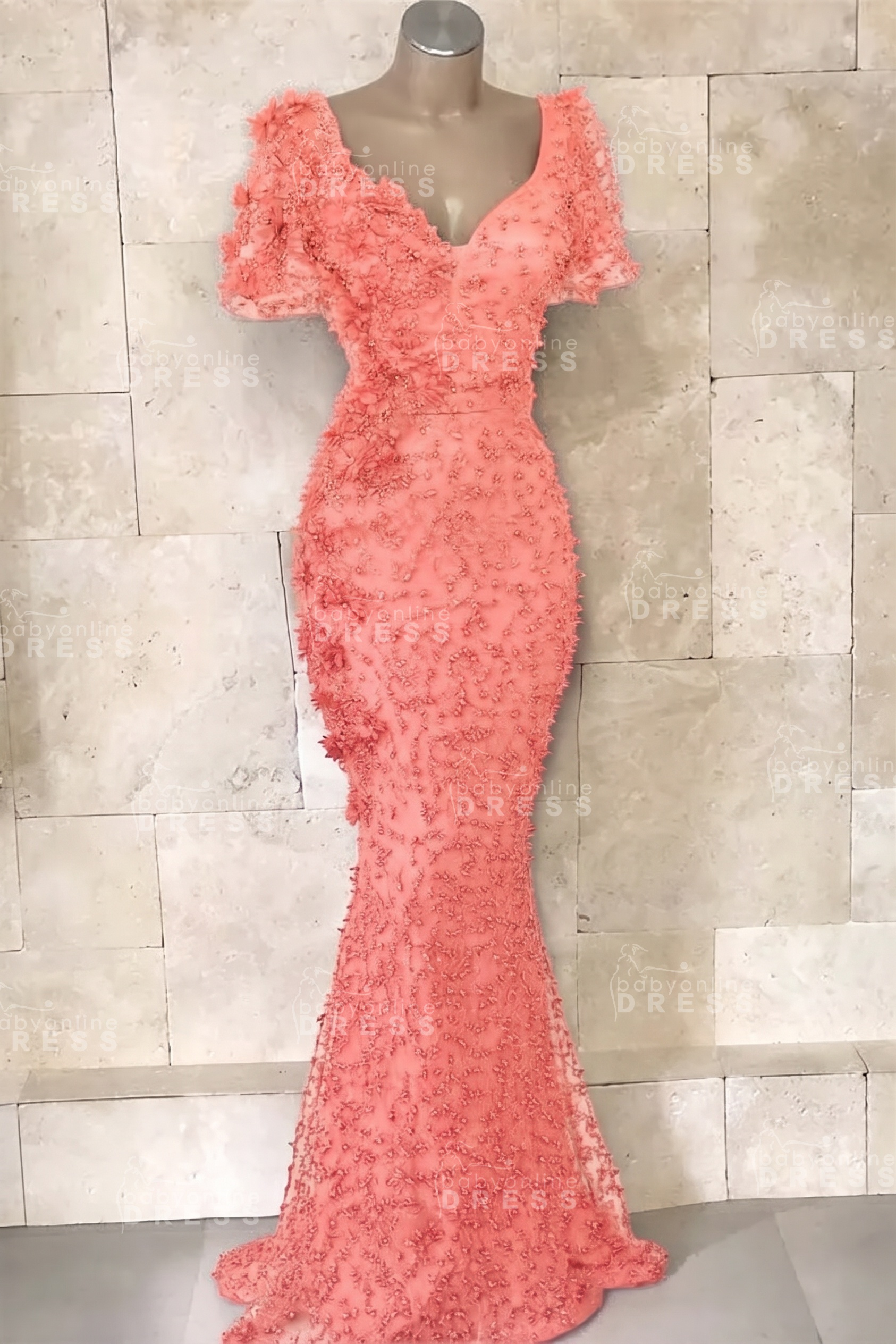 Glamorous V-Neck Short Sleeves Beading Flower Mermaid Floor-Length Prom Dresses