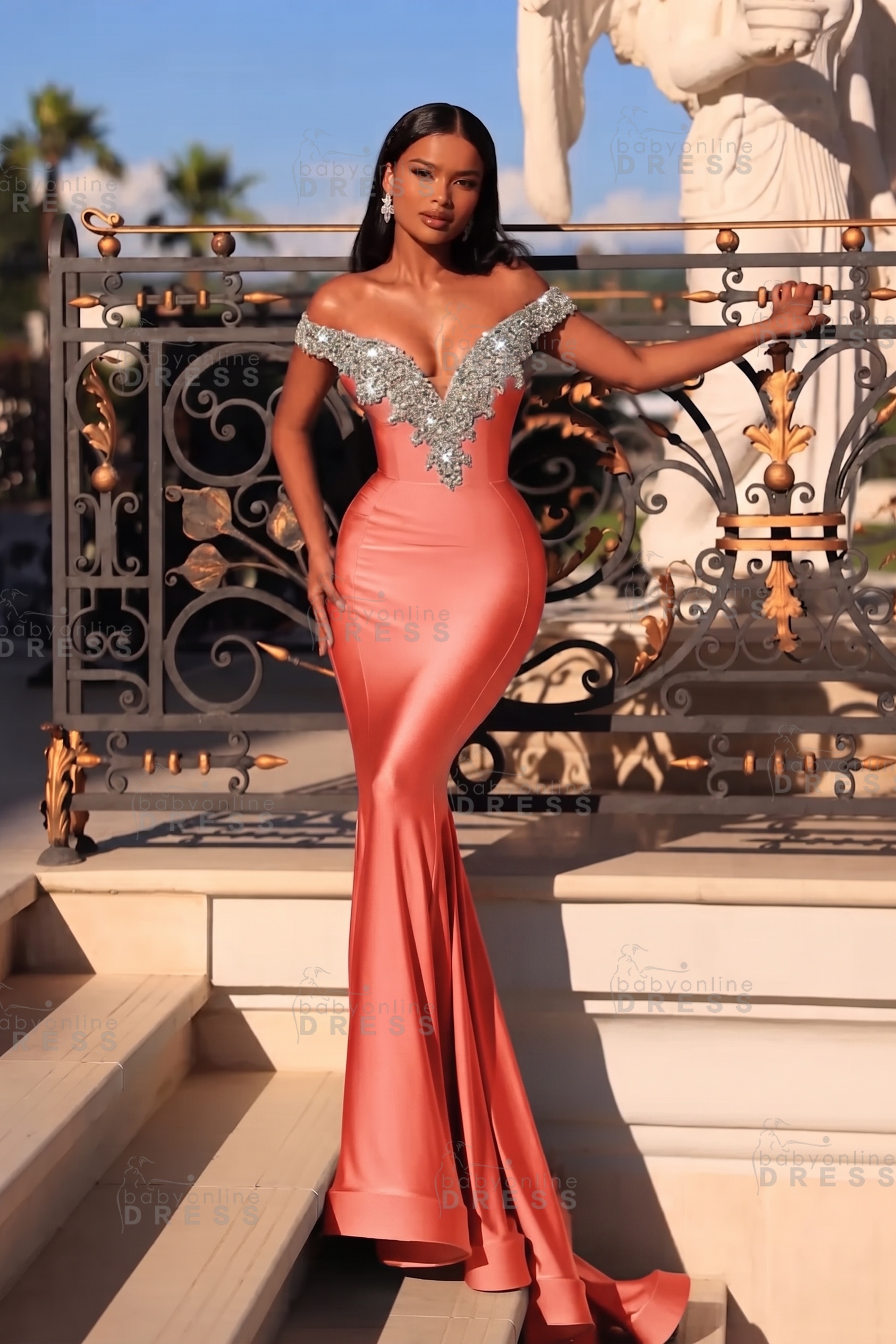 Dusty Blue Off the shoulder Satin Long Prom Dresses