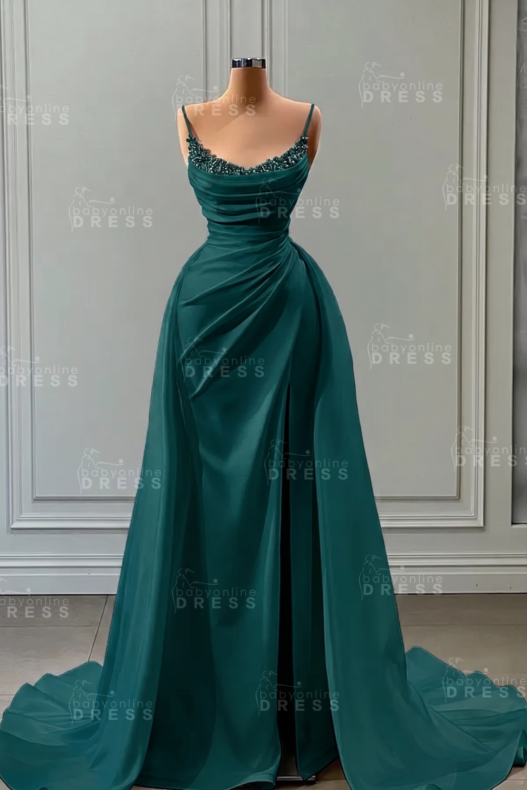 White Spaghetti Straps Satin Mermaid Prom Dress with High Split
