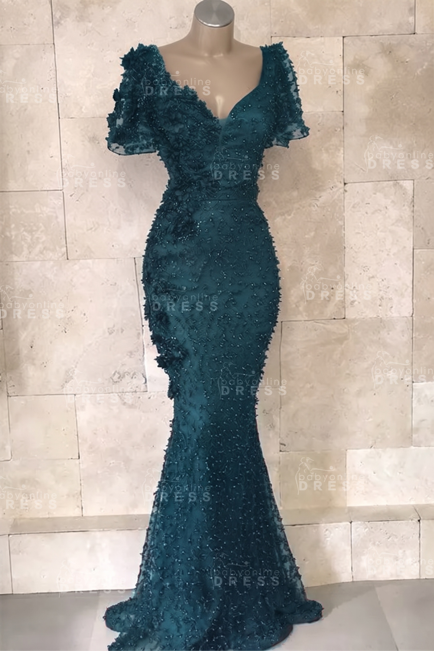 Glamorous V-Neck Short Sleeves Beading Flower Mermaid Floor-Length Prom Dresses