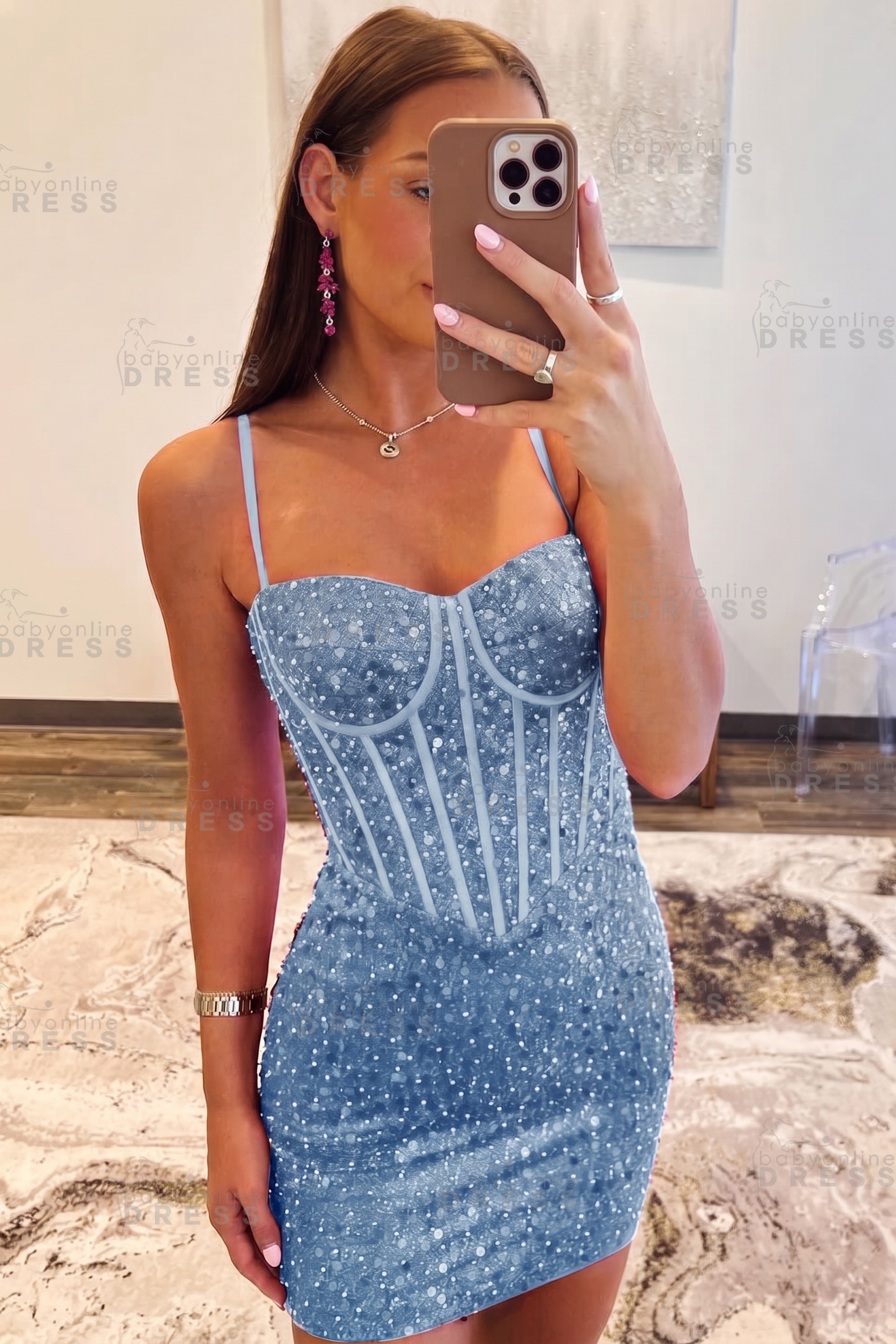 Spaghetti Straps Sky Blue Tight Homecoming Dress Short Prom Dress