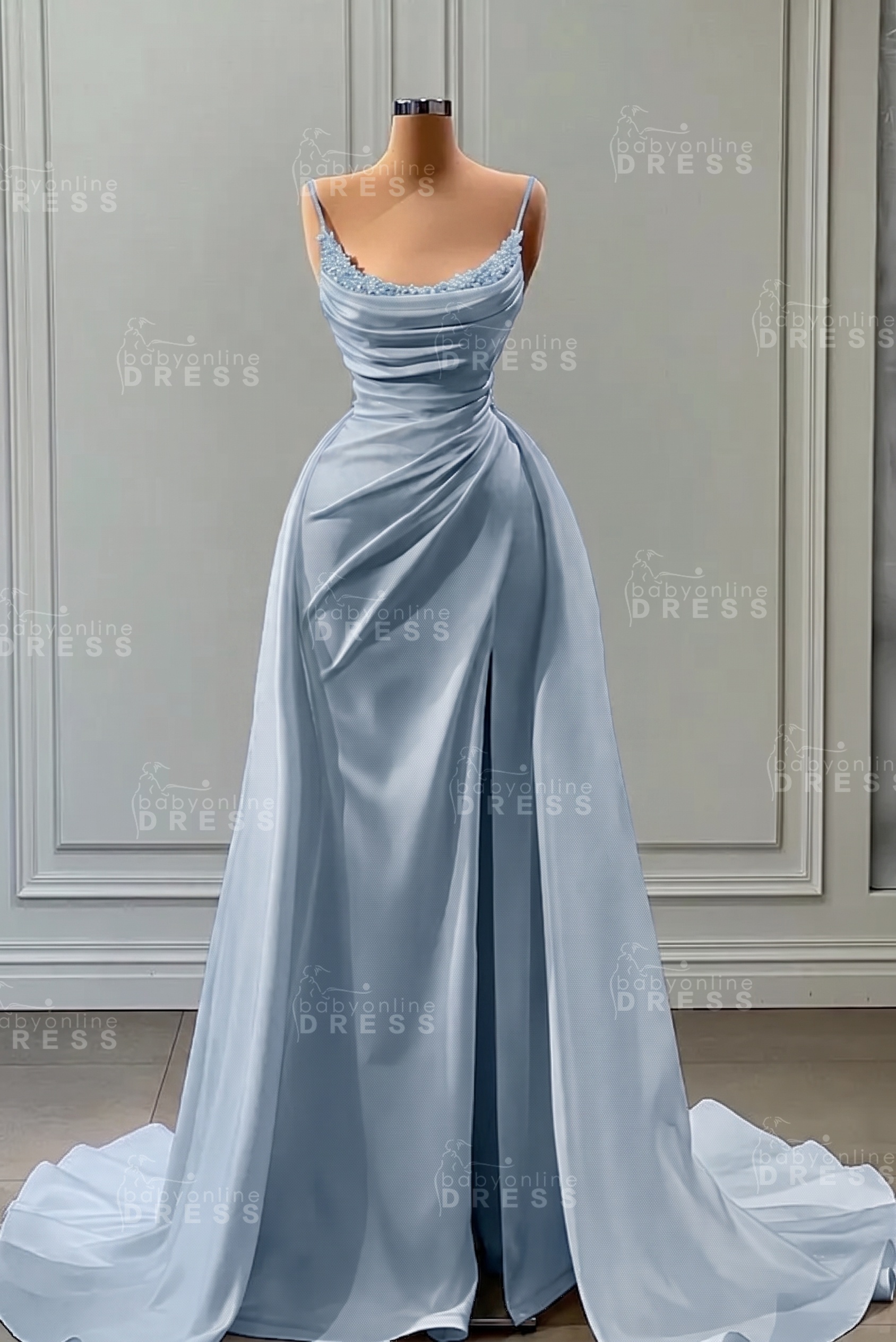 White Spaghetti Straps Satin Mermaid Prom Dress with High Split