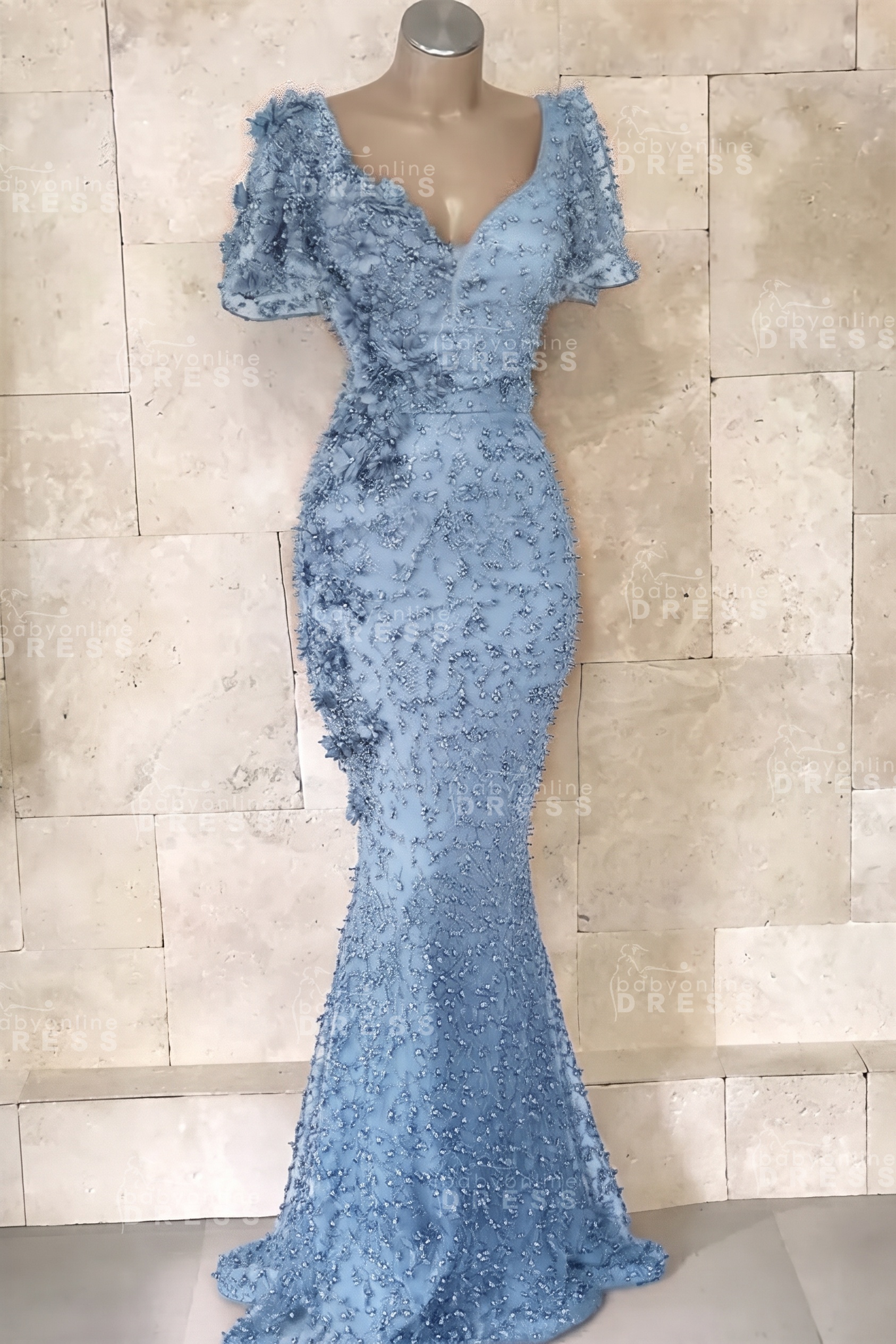 Glamorous V-Neck Short Sleeves Beading Flower Mermaid Floor-Length Prom Dresses