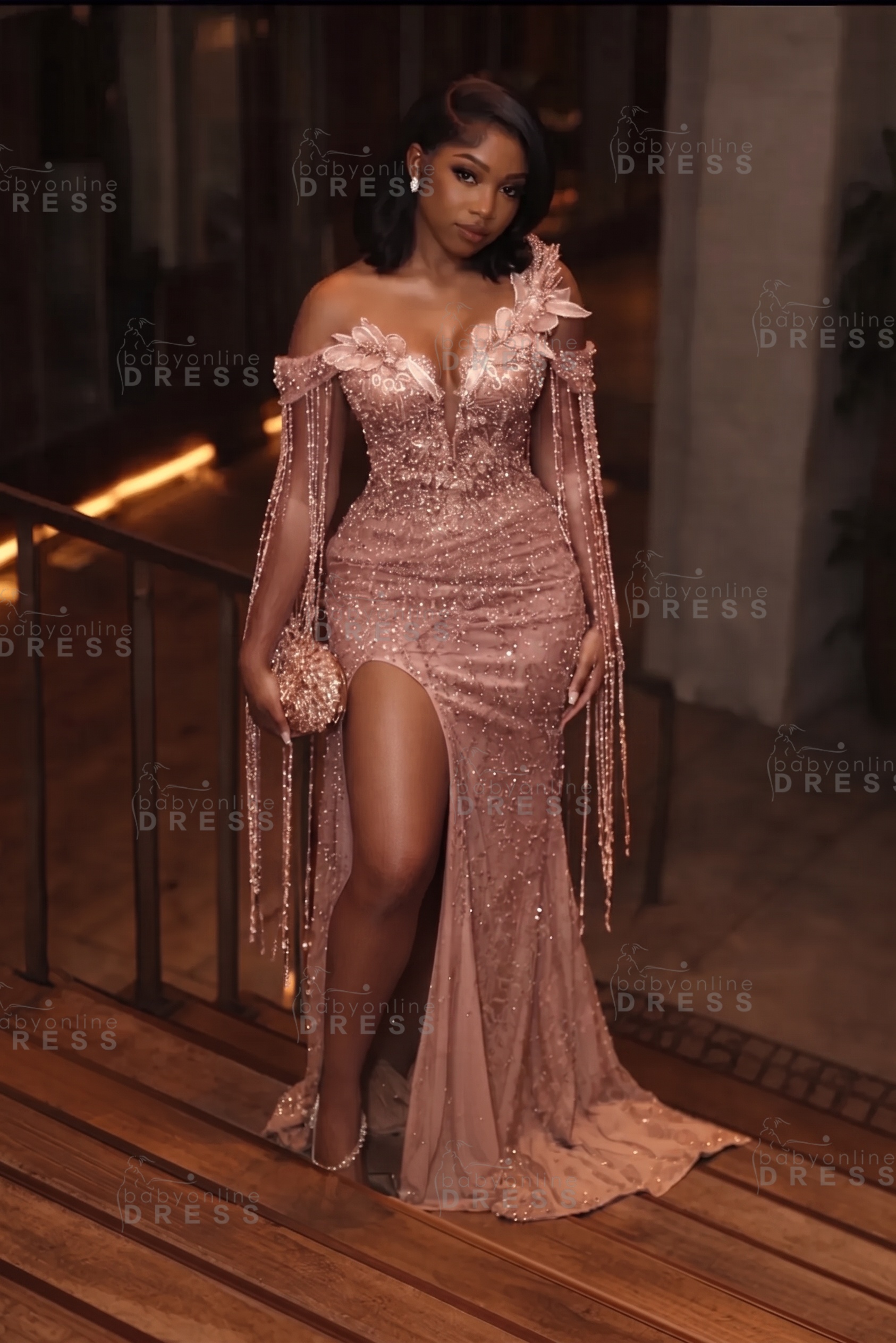 Stunning Asymmetric  Sequins Prom DressMermaid Gold Evening Gown with Tassels