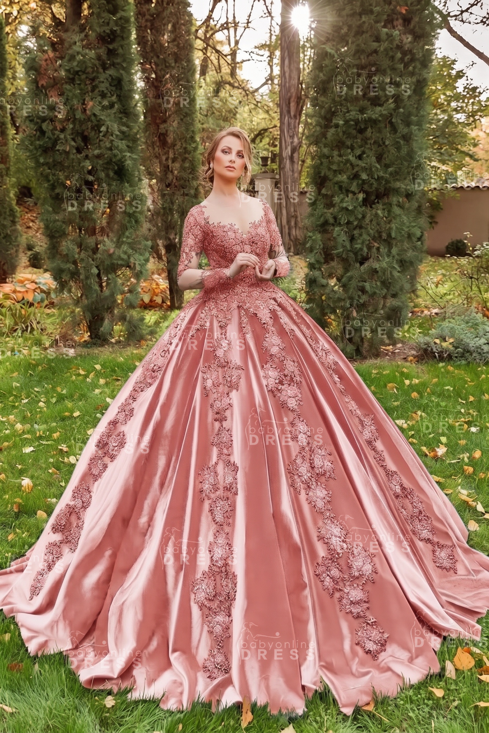 Gorgeous Long Sleeves Velvet Ball Gown with 3D Floral Appliques