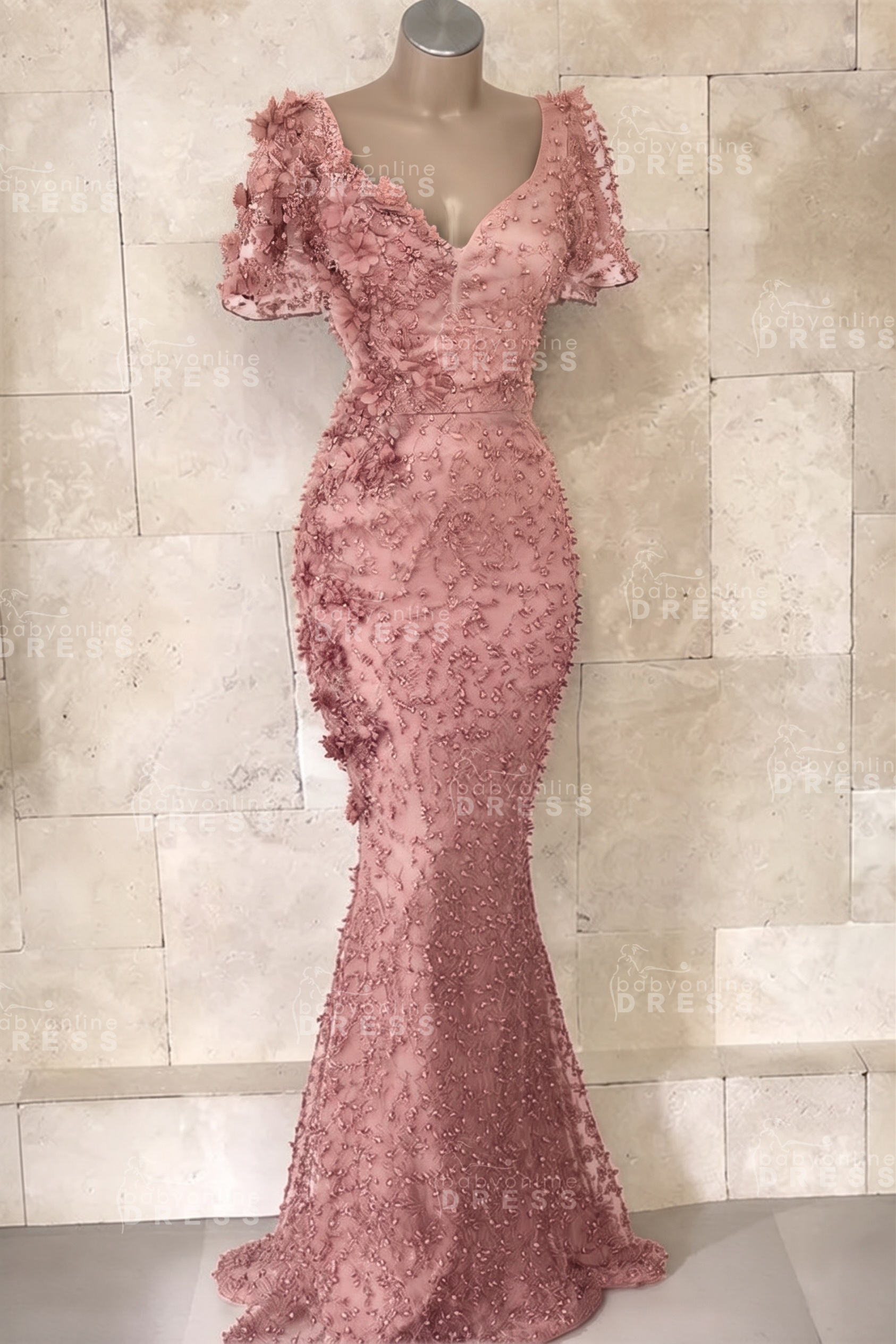 Glamorous V-Neck Short Sleeves Beading Flower Mermaid Floor-Length Prom Dresses