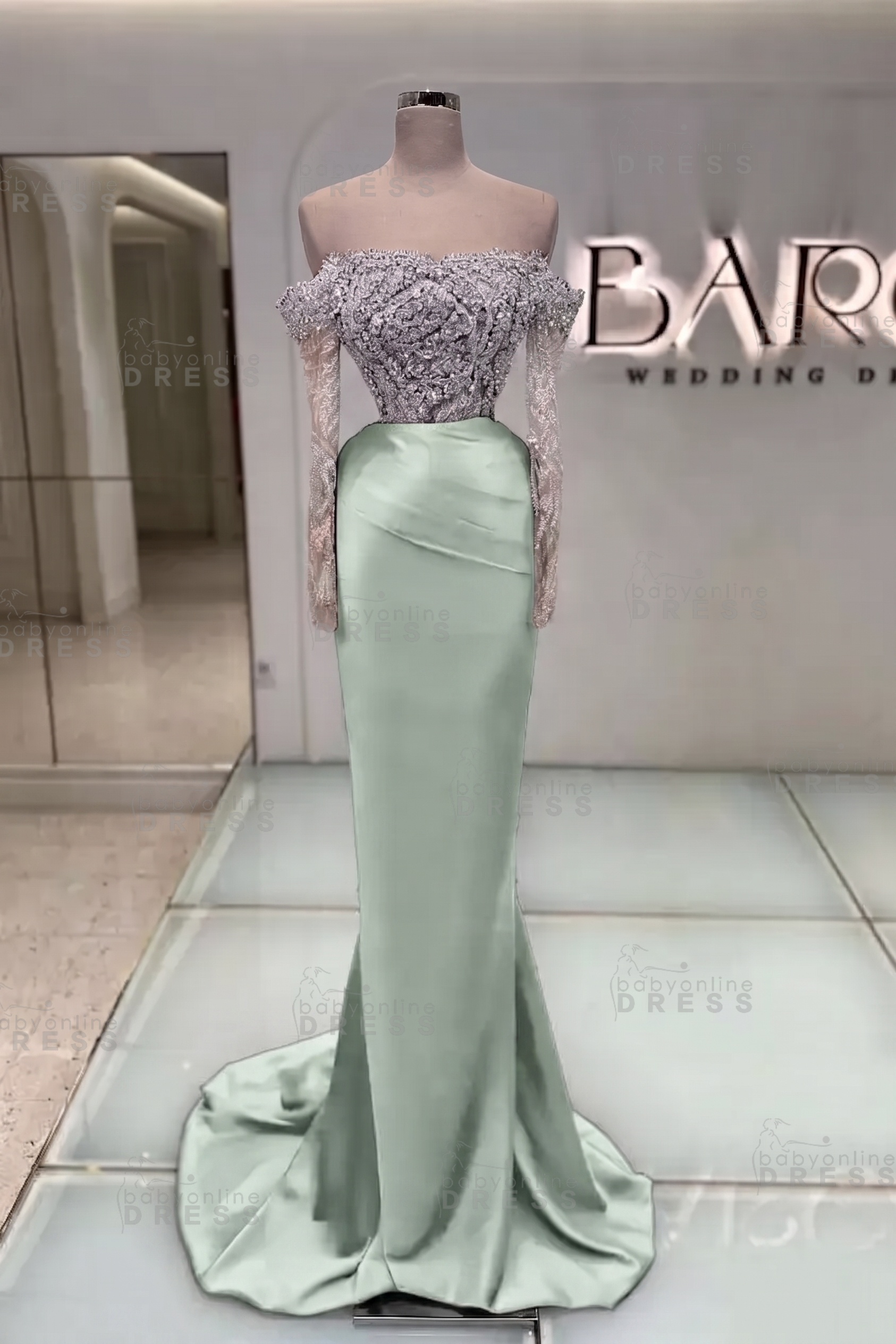 Off-the-Shoulder Ruffles Satin Mermaid Prom Dress Beadings with Sleeves