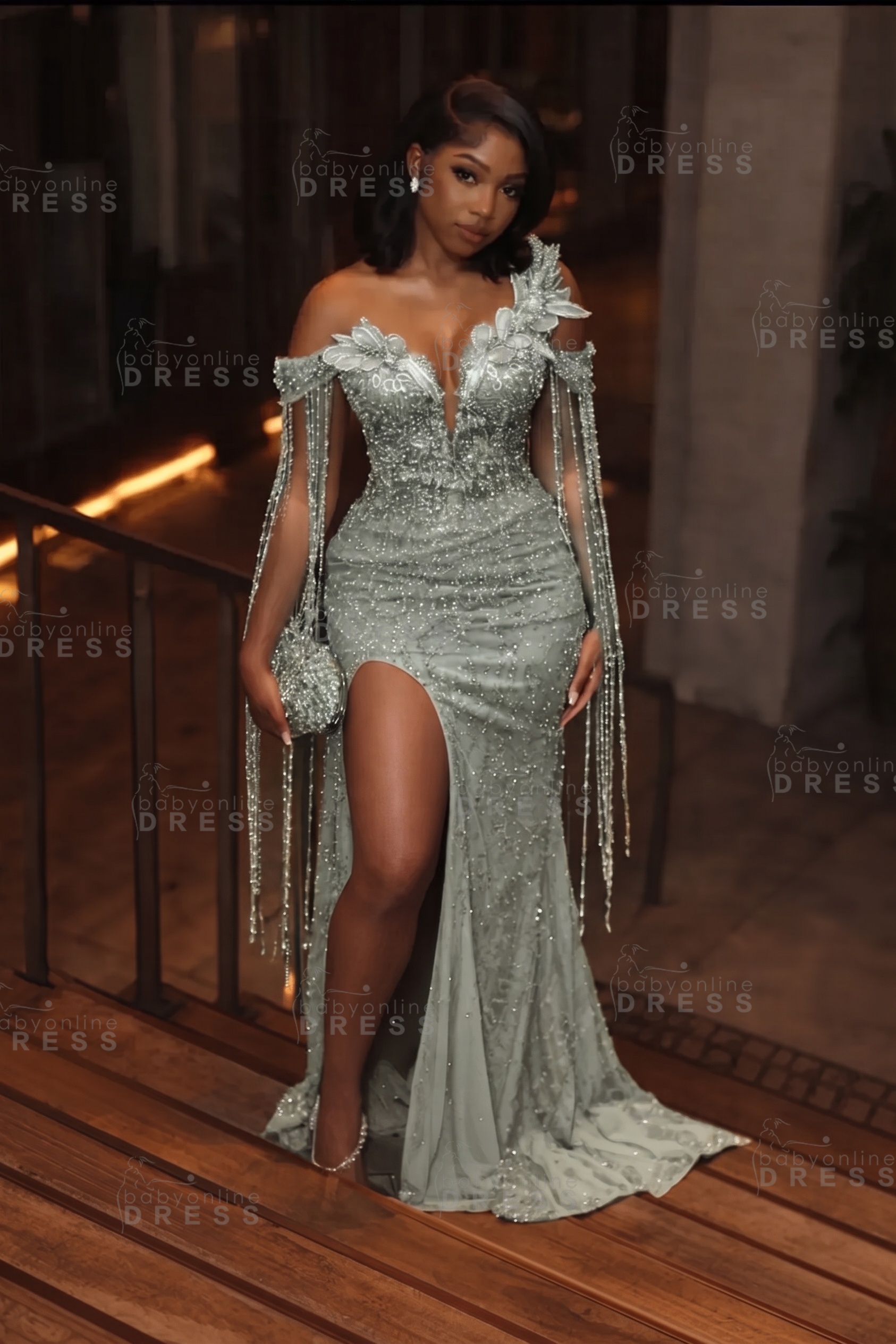 Stunning Asymmetric  Sequins Prom DressMermaid Gold Evening Gown with Tassels