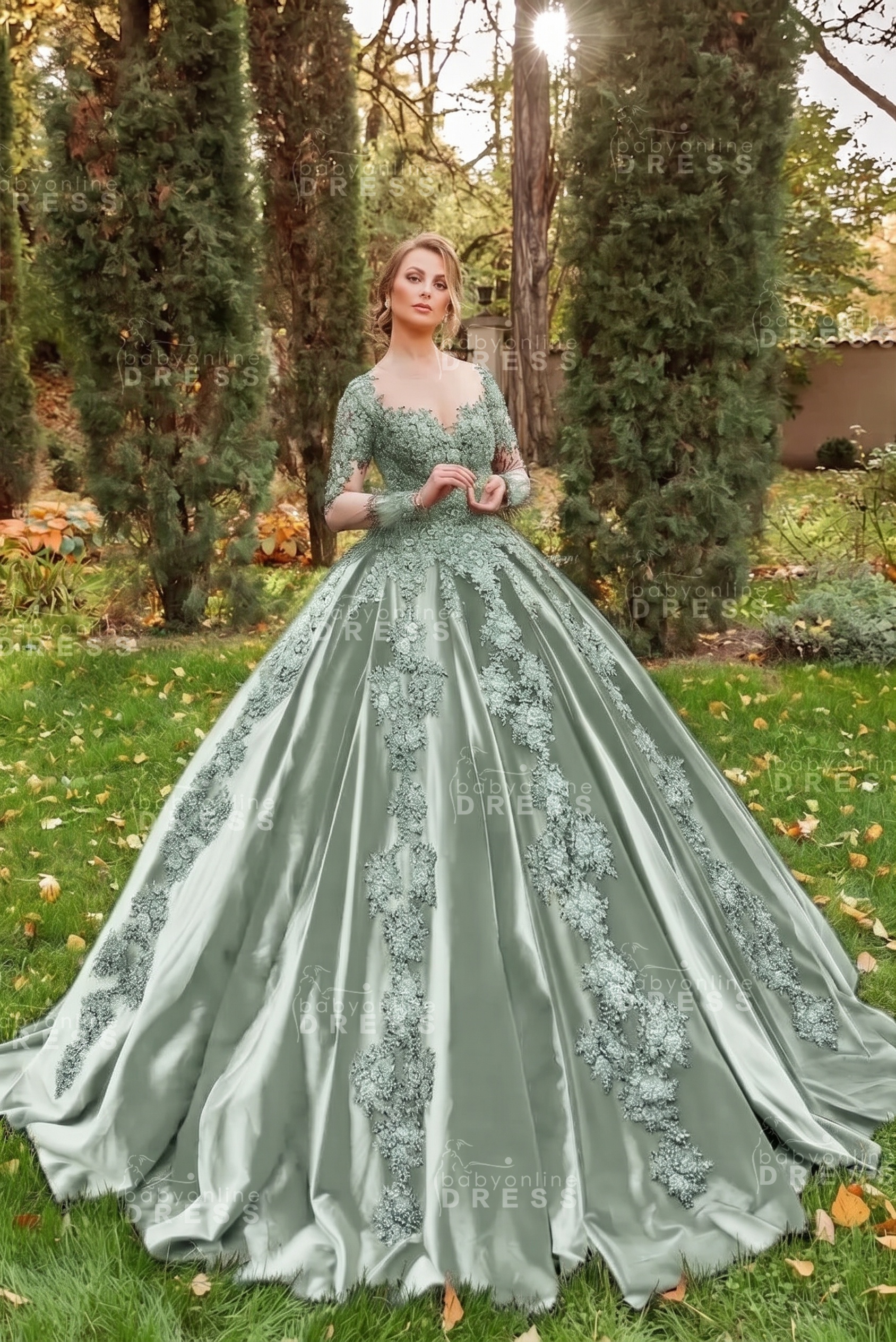 Gorgeous Long Sleeves Velvet Ball Gown with 3D Floral Appliques