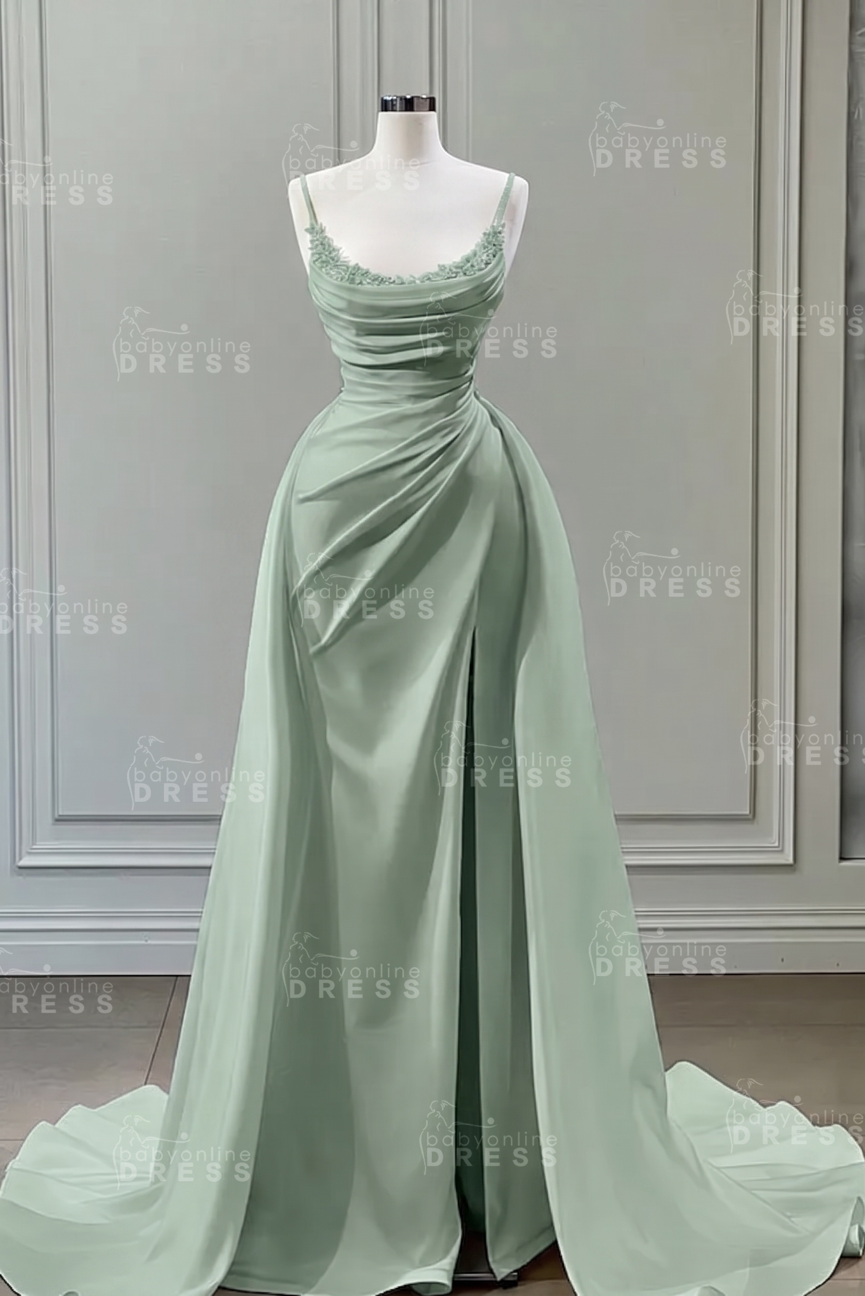 White Spaghetti Straps Satin Mermaid Prom Dress with High Split