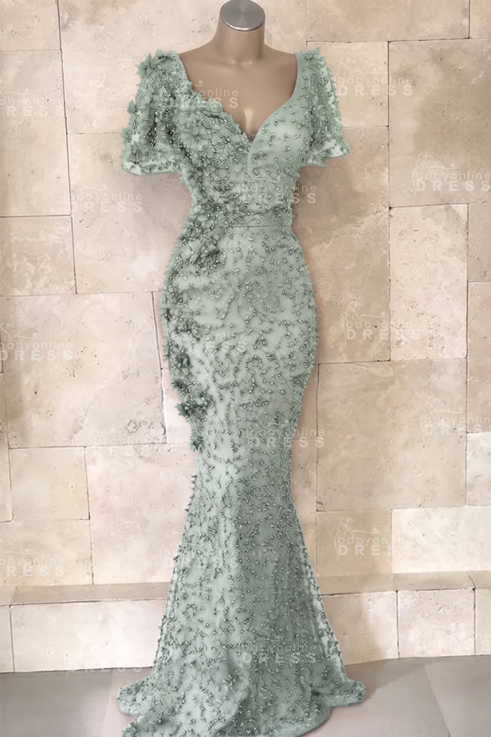 Glamorous V-Neck Short Sleeves Beading Flower Mermaid Floor-Length Prom Dresses