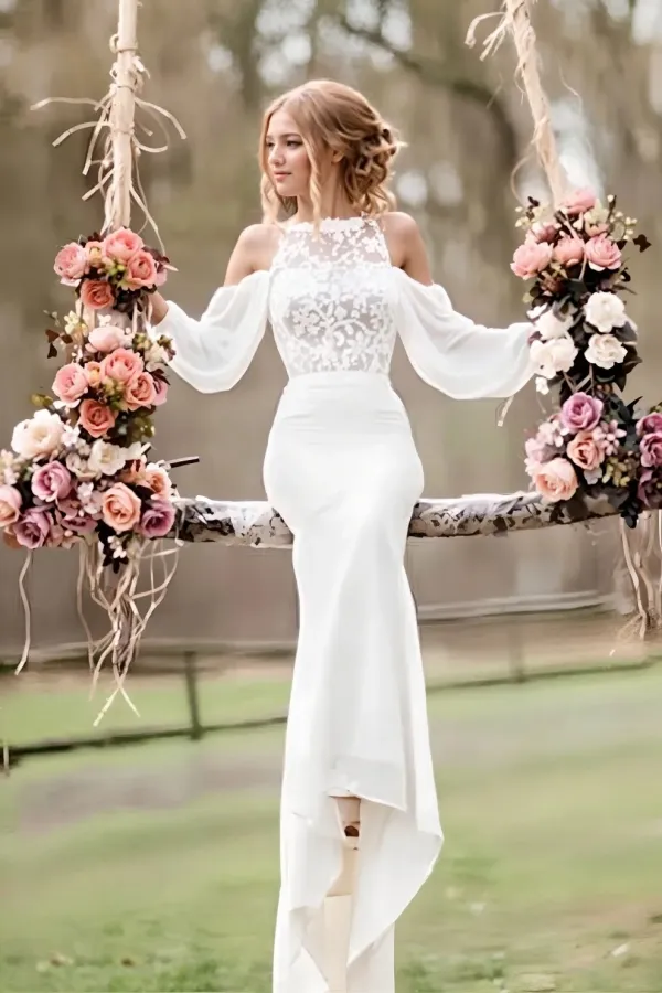 Elegant Lace Long-Sleeves Mermaid Chiffon Wedding Dress