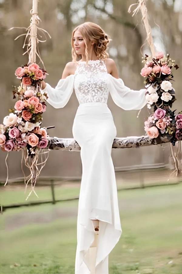 Elegant Lace Long-Sleeves Mermaid Chiffon Wedding Dress