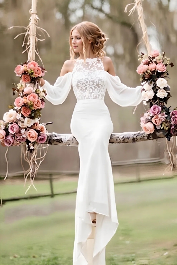 Elegant Lace Long-Sleeves Mermaid Chiffon Wedding Dress