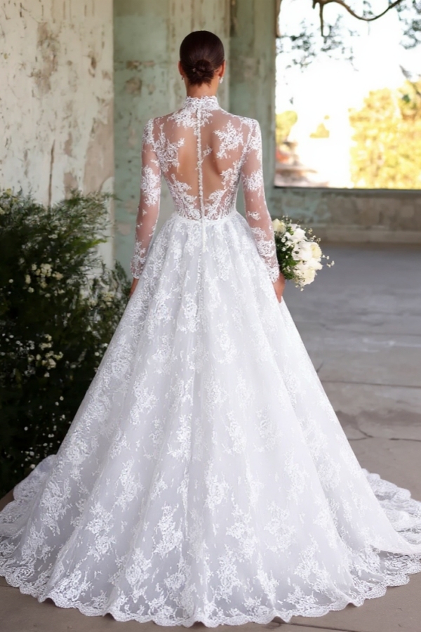 Elegant Long Sleeves High Neck Appliques Lace A-Line Wedding Dress