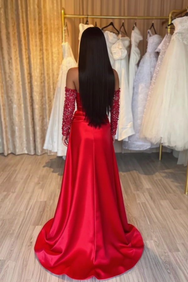 Elegant Offf the shoulder Satin Burgundy Prom Dresses