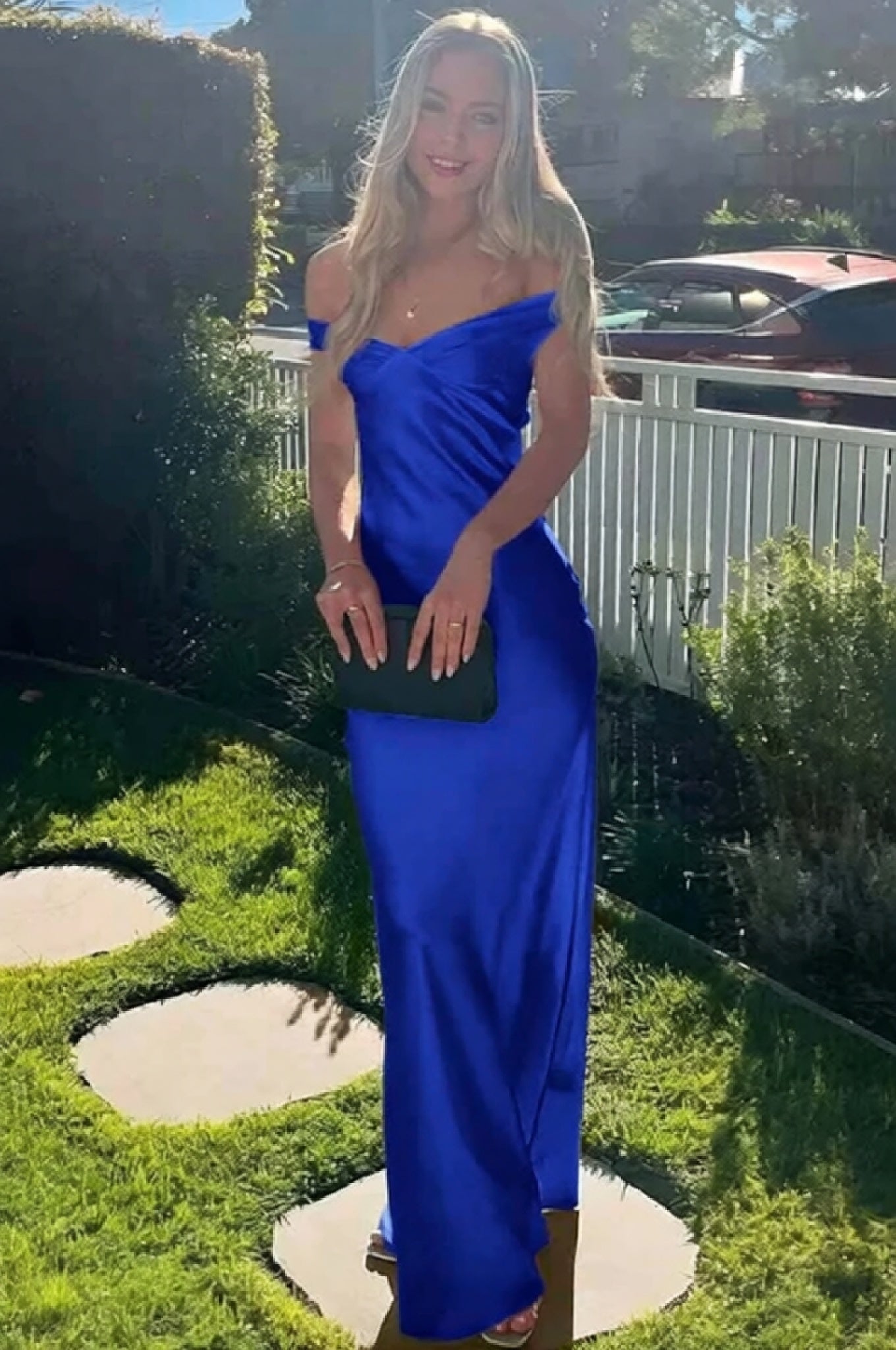 Off-the-Shoulder Ruffle Satin Mermaid Prom Dress Royal Blue