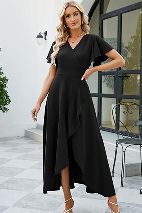 Elegant V-neck Hi-Lo Chiffon Short Sleeve A-Line Prom Dresses