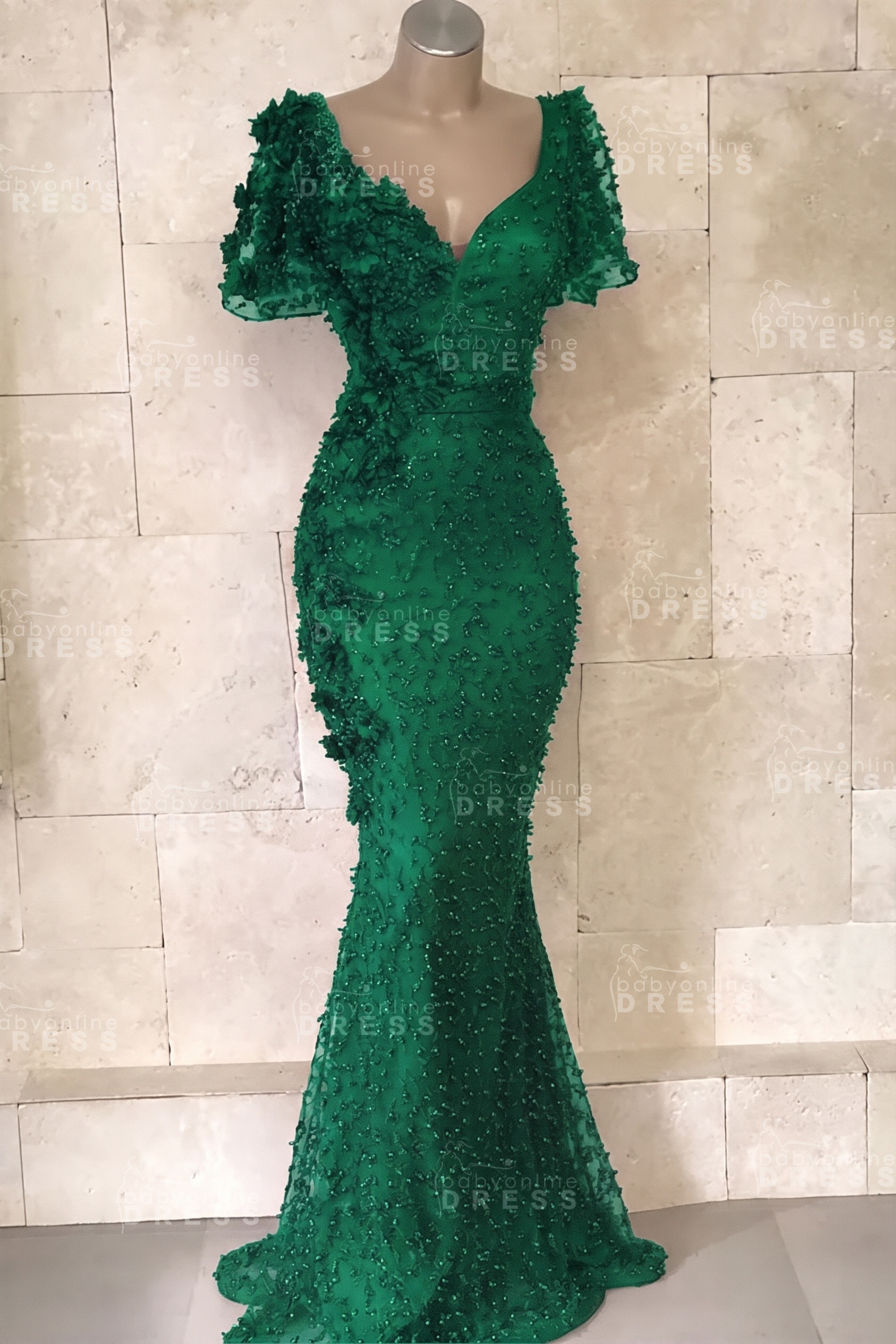 Glamorous V-Neck Short Sleeves Beading Flower Mermaid Floor-Length Prom Dresses