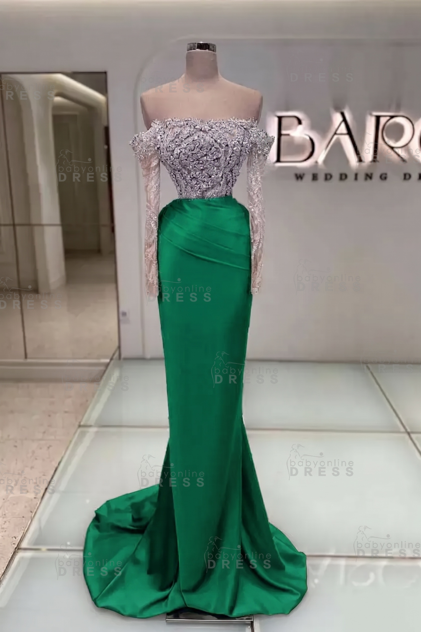 Off-the-Shoulder Ruffles Satin Mermaid Prom Dress Beadings with Sleeves