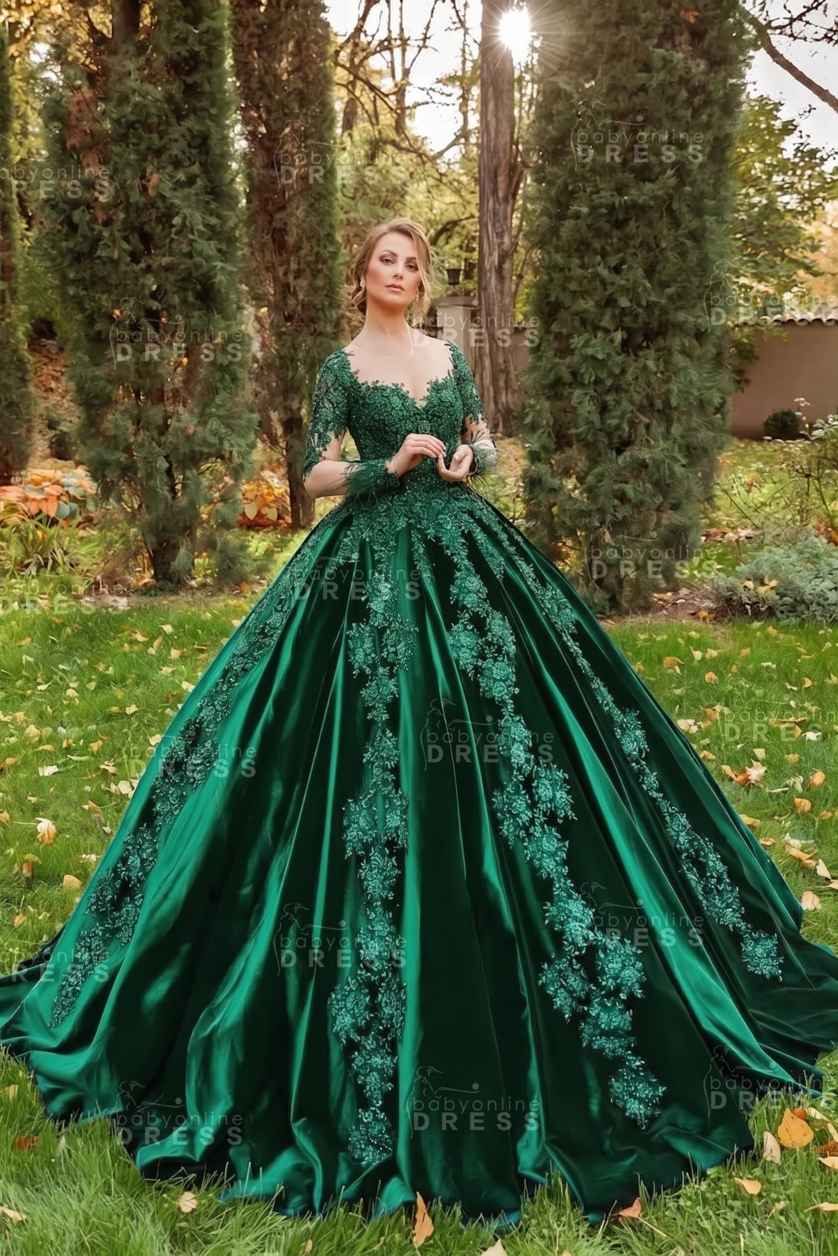 Gorgeous Long Sleeves Velvet Ball Gown with 3D Floral Appliques