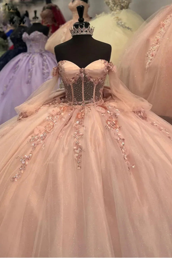 Off-the-Shoulder 3D Floral Quinceanera Dress Sweet 16 Ball Gown with Beadings