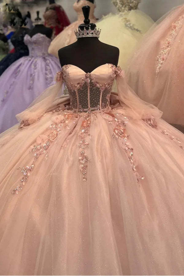 Off-the-Shoulder 3D Floral Quinceanera Dress Sweet 16 Ball Gown with Beadings