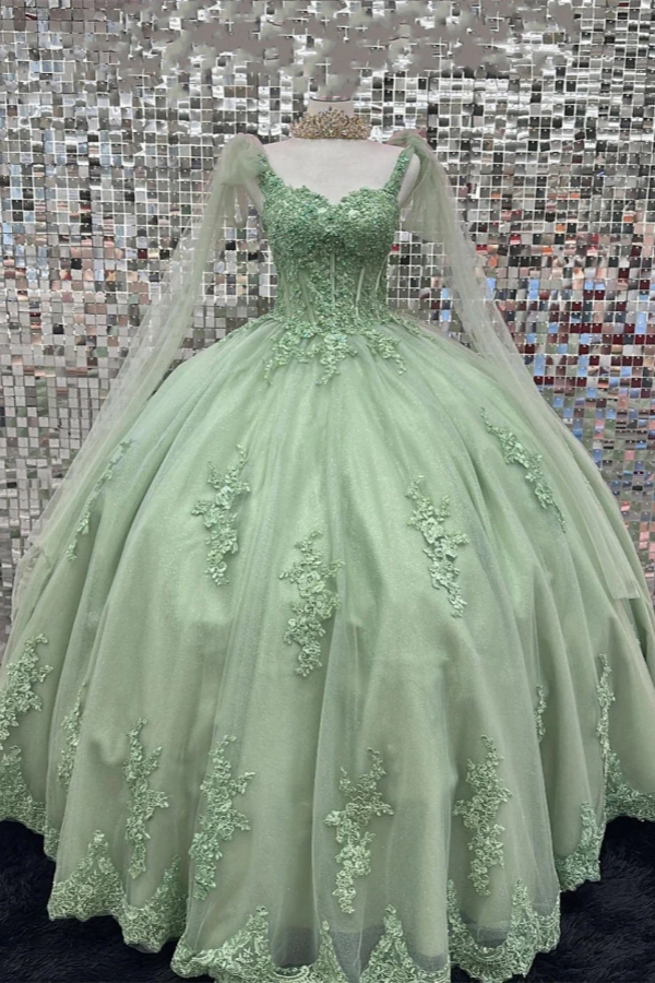 Sweetheart Tulle Sage Quinceanera Dresses Lace Appliques Sweet 16 Ball Gown with Cape-Babyonlinewholesale
