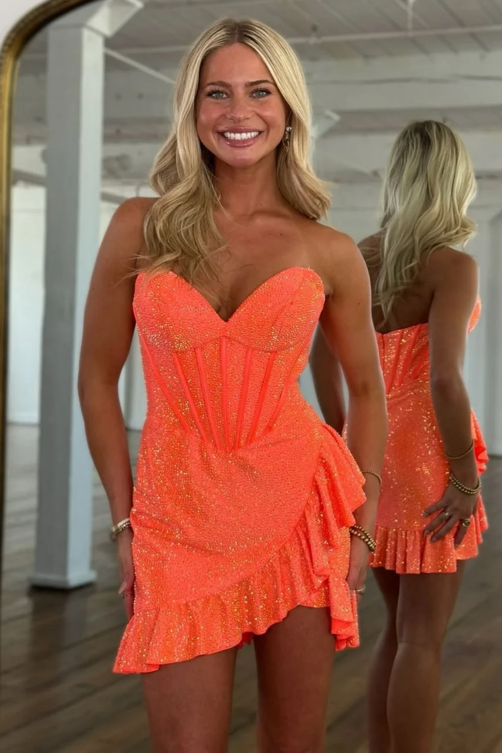 Hot Pink Sweetheart Corset Beaded Ruffle Mini Homecoming Dress